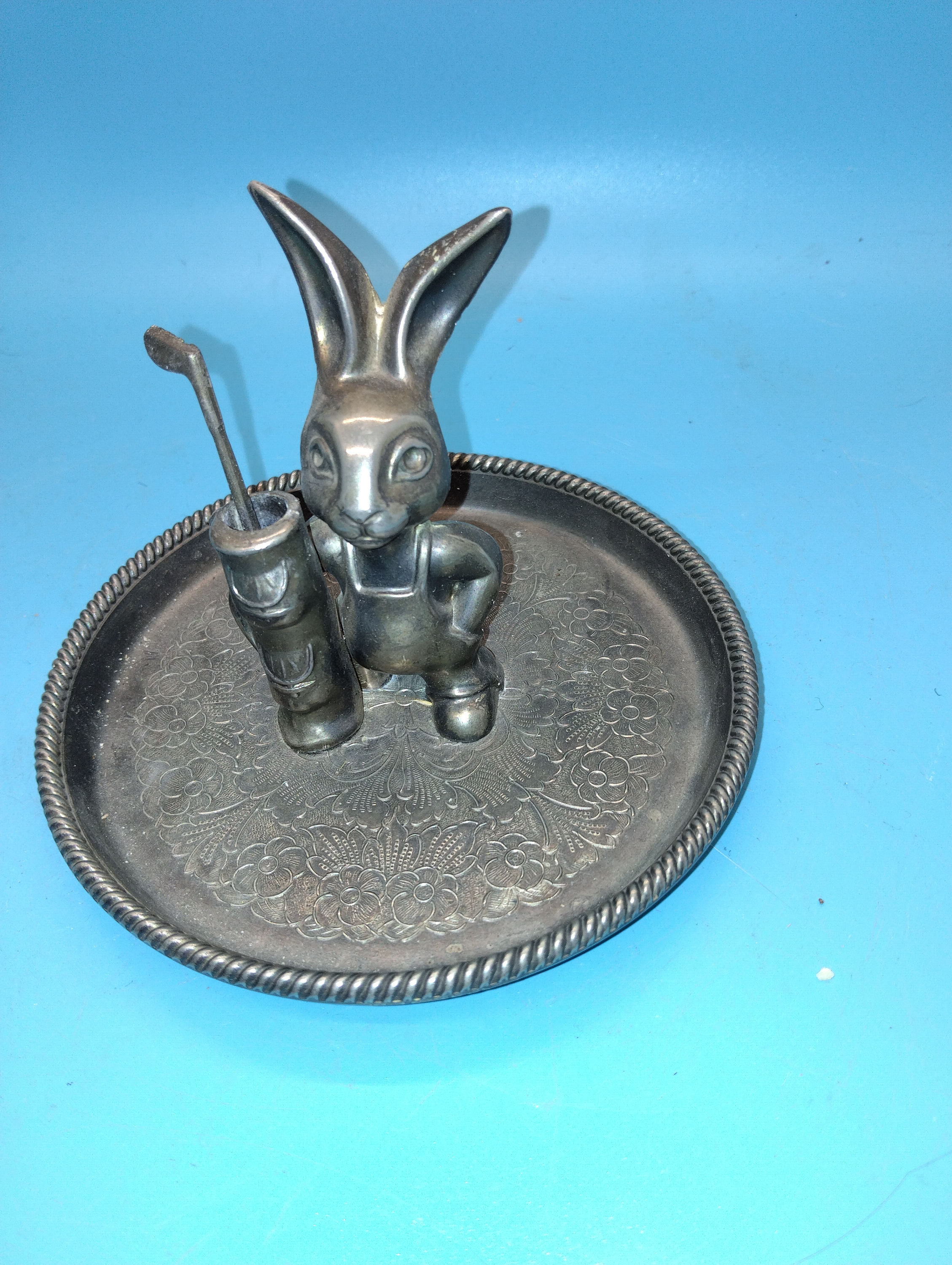 VERY NICE SILVER PLATE GOLFING RABBIT DESK WEIGHT
