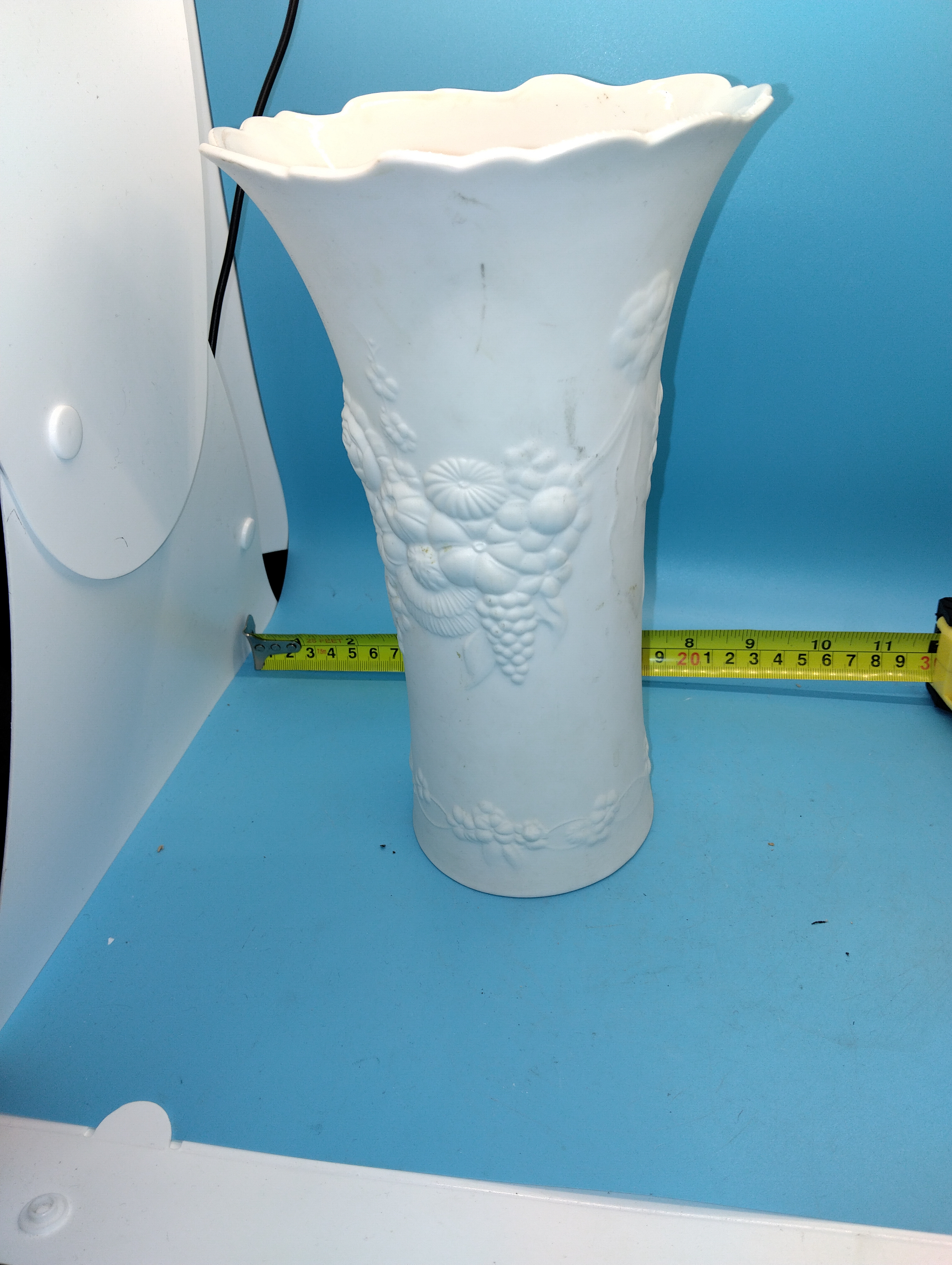 Kaiser Germany White Bisque Porcelain Floral and Fruit Relief Vase