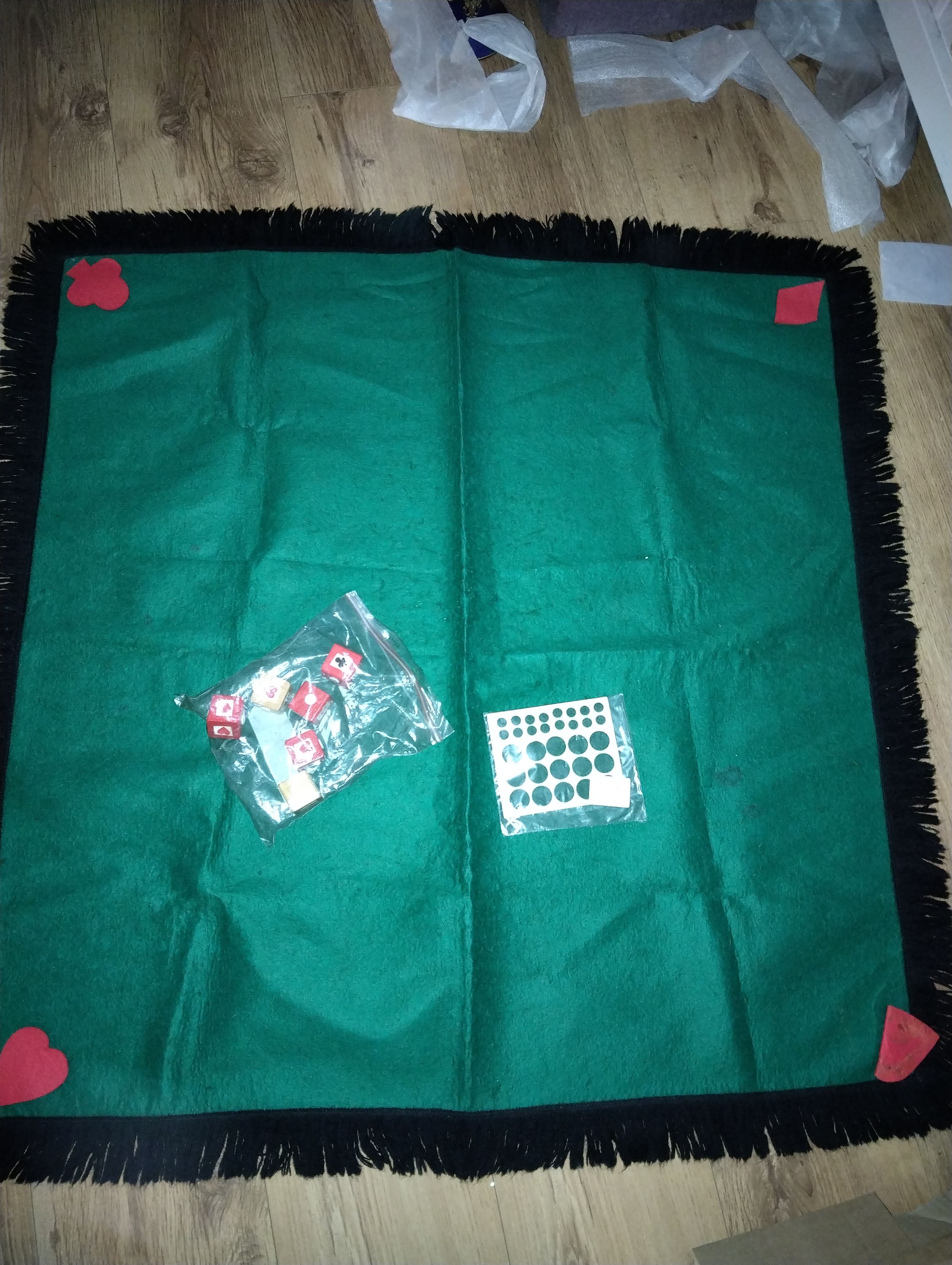 A Vintage Lakeland Green Felt Card Table Cover and Gaming Accessories