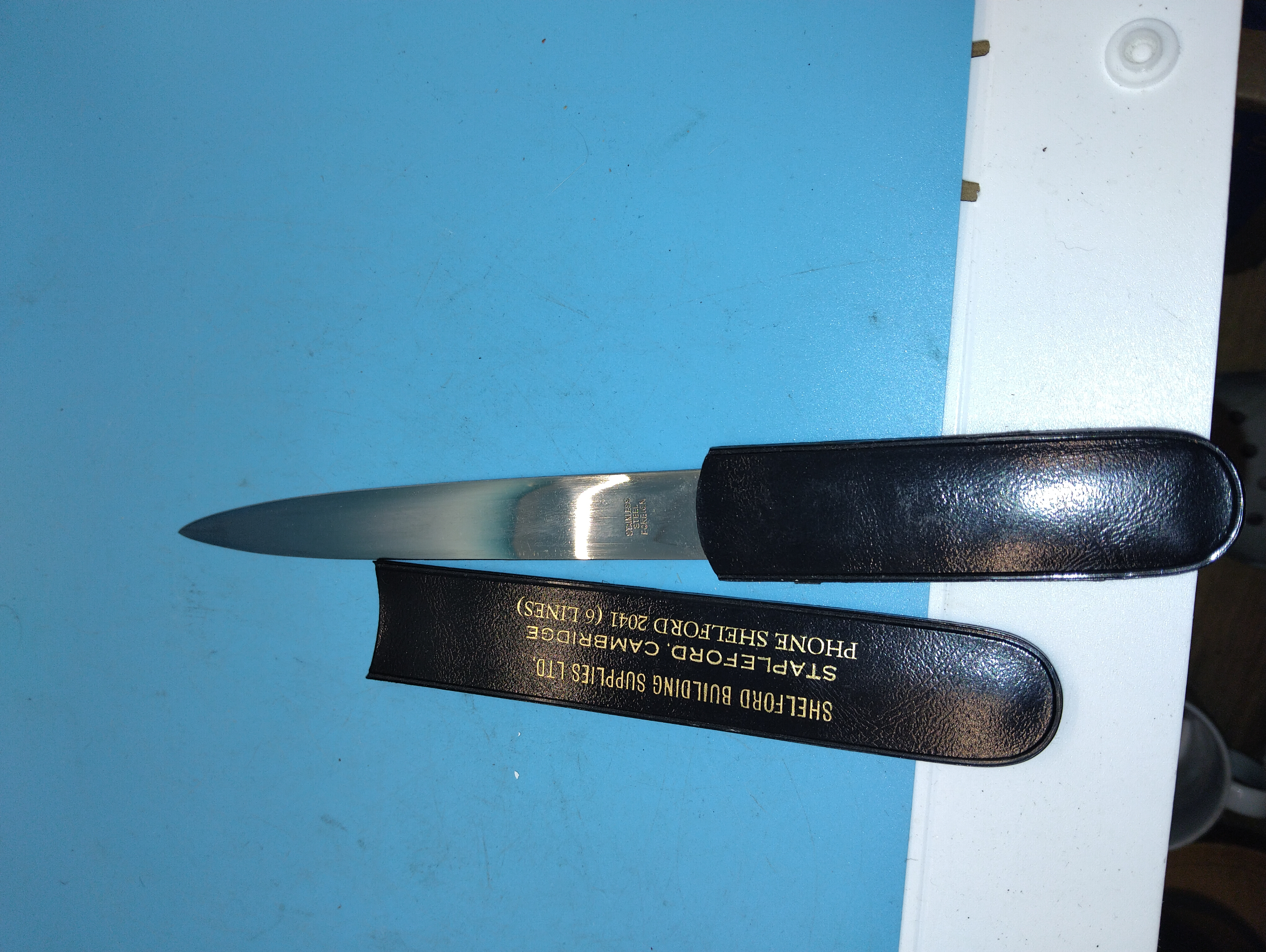 Vintage Stainless Steel Promotional Letter Opener and Sheath for Shelford Building Supplies Ltd.
