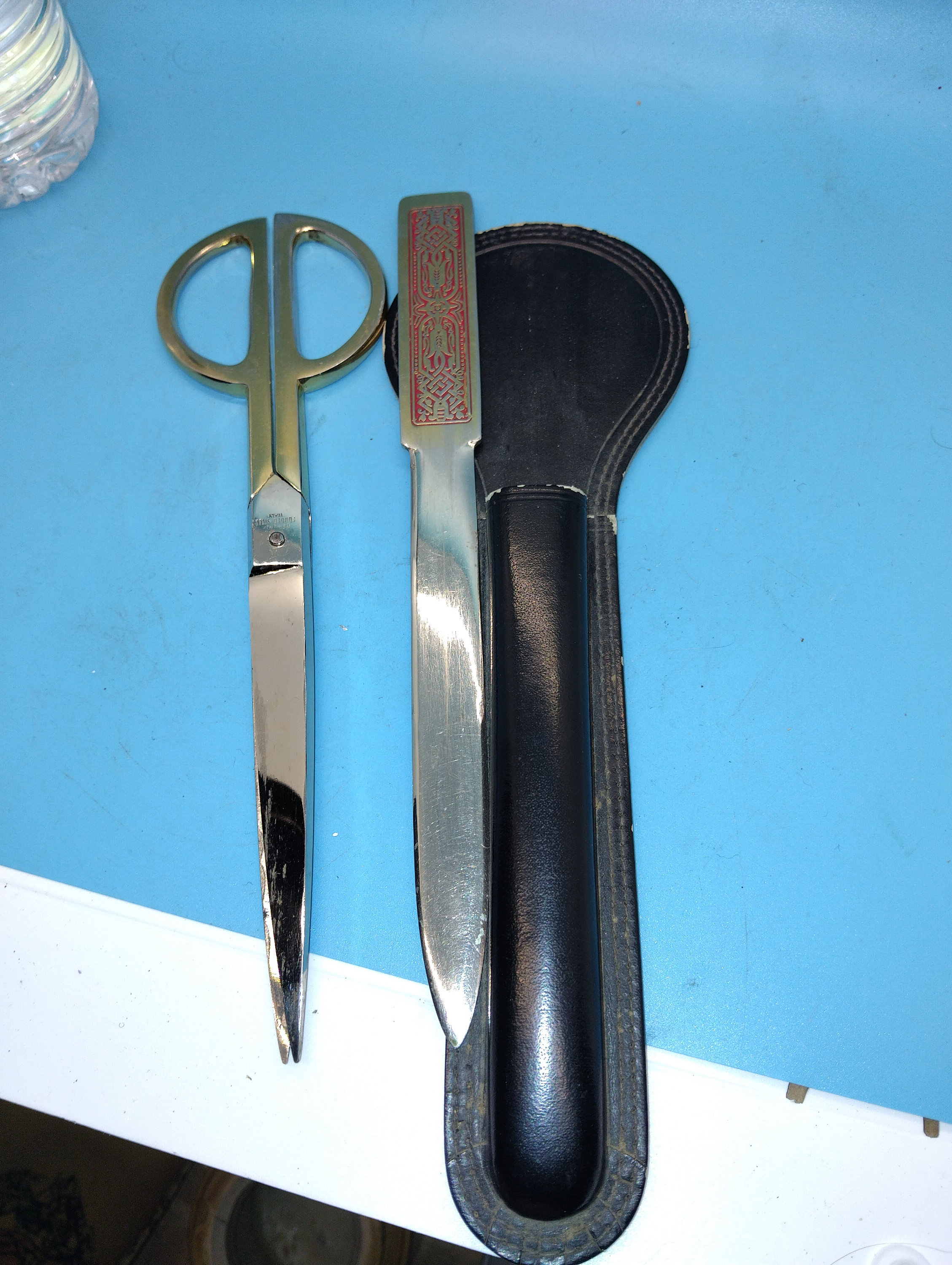 A Vintage Italian Steel and Gilt-Metal Desk Set in a Fitted Leather Sheath
