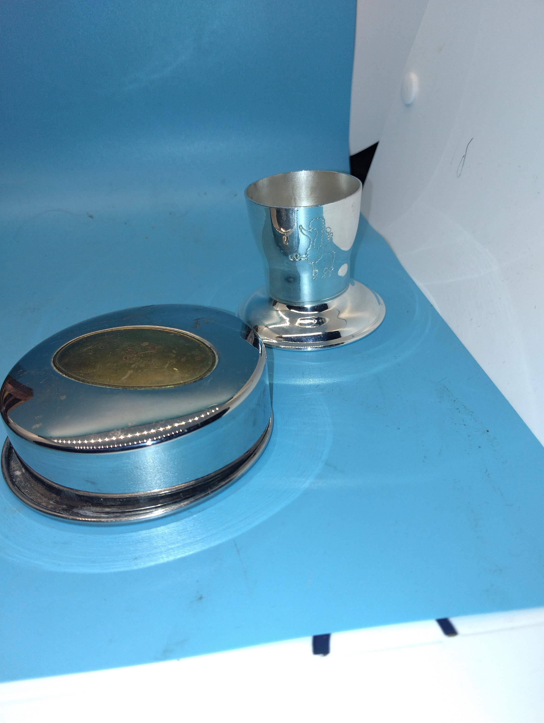 TWO STIRRUP CUPS INCLUDING CASED AND FOLDING