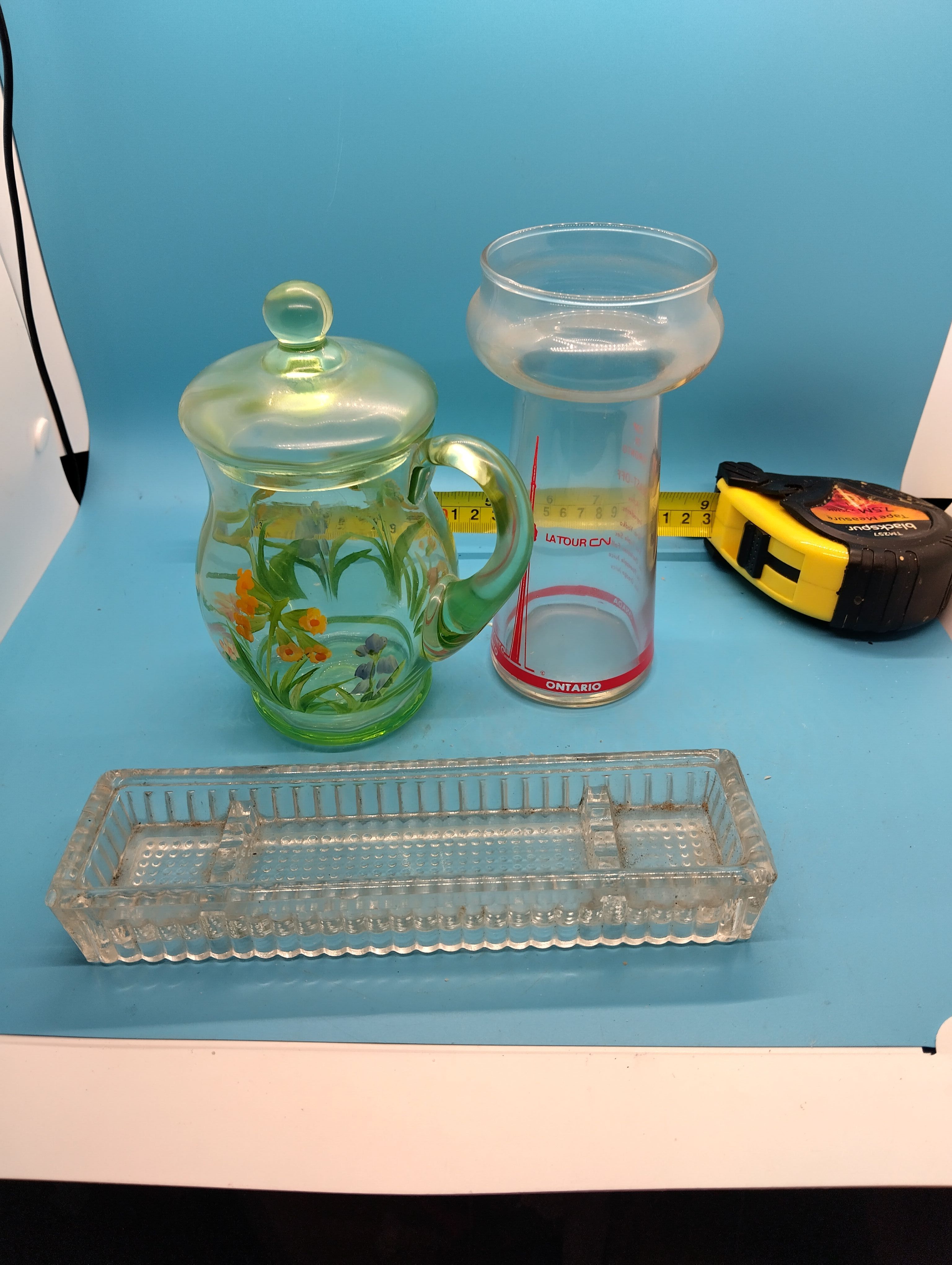 A Trio of Assorted Glassware including a Souvenir CN Tower Vessel and a Hand-Painted Pitcher