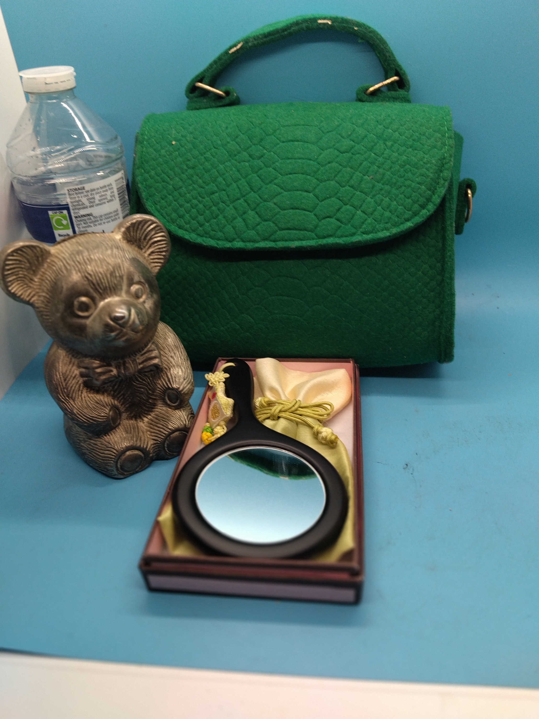 THREE COLLECTORS PIECES INCLUDING GREEN BAG AND BOXED MIRROR ETC