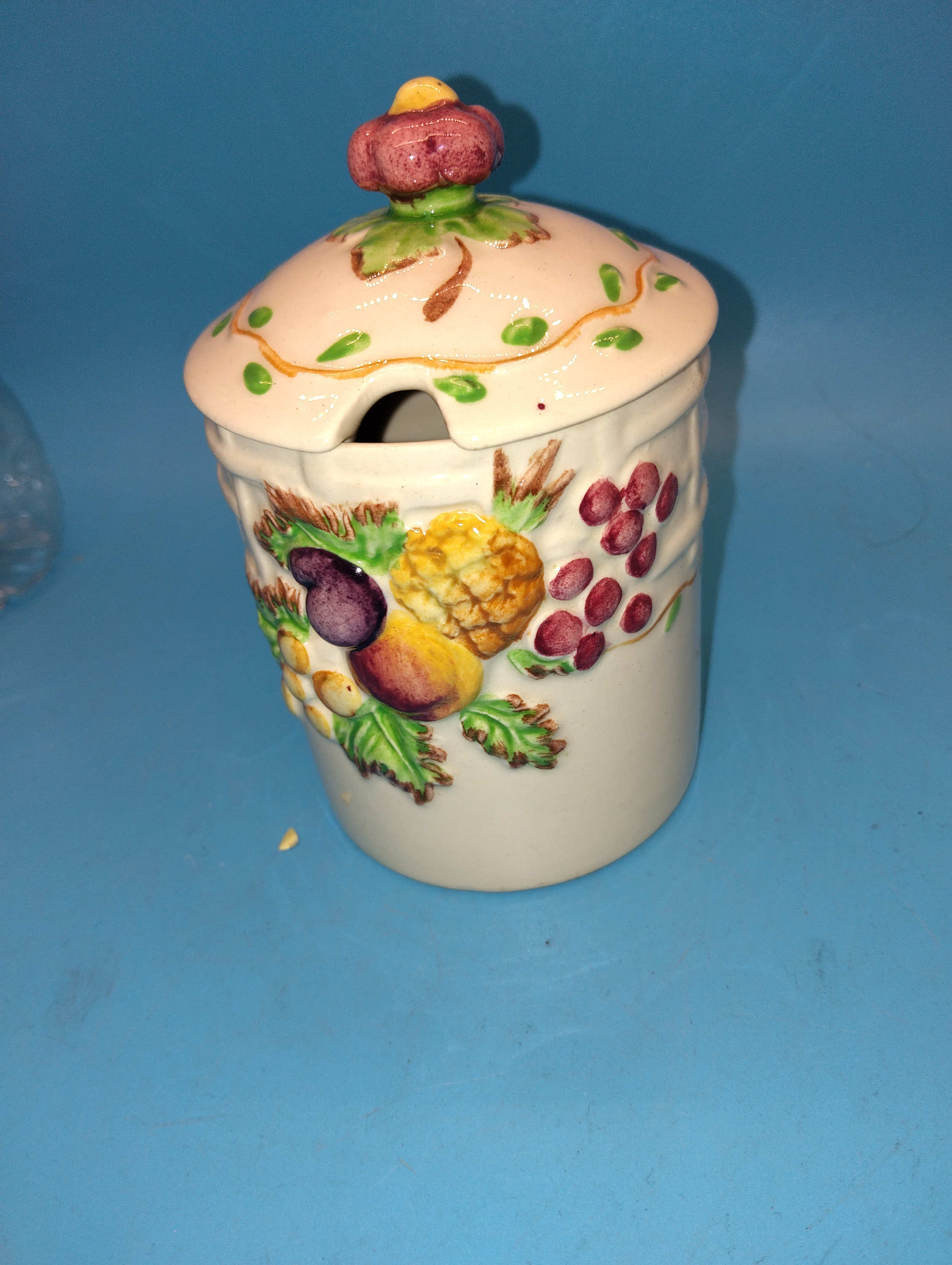 A.J. Wilkinson Royal Staffordshire Pottery Relief Moulded Fruit Jam Jar Designed by Clarice Cliff