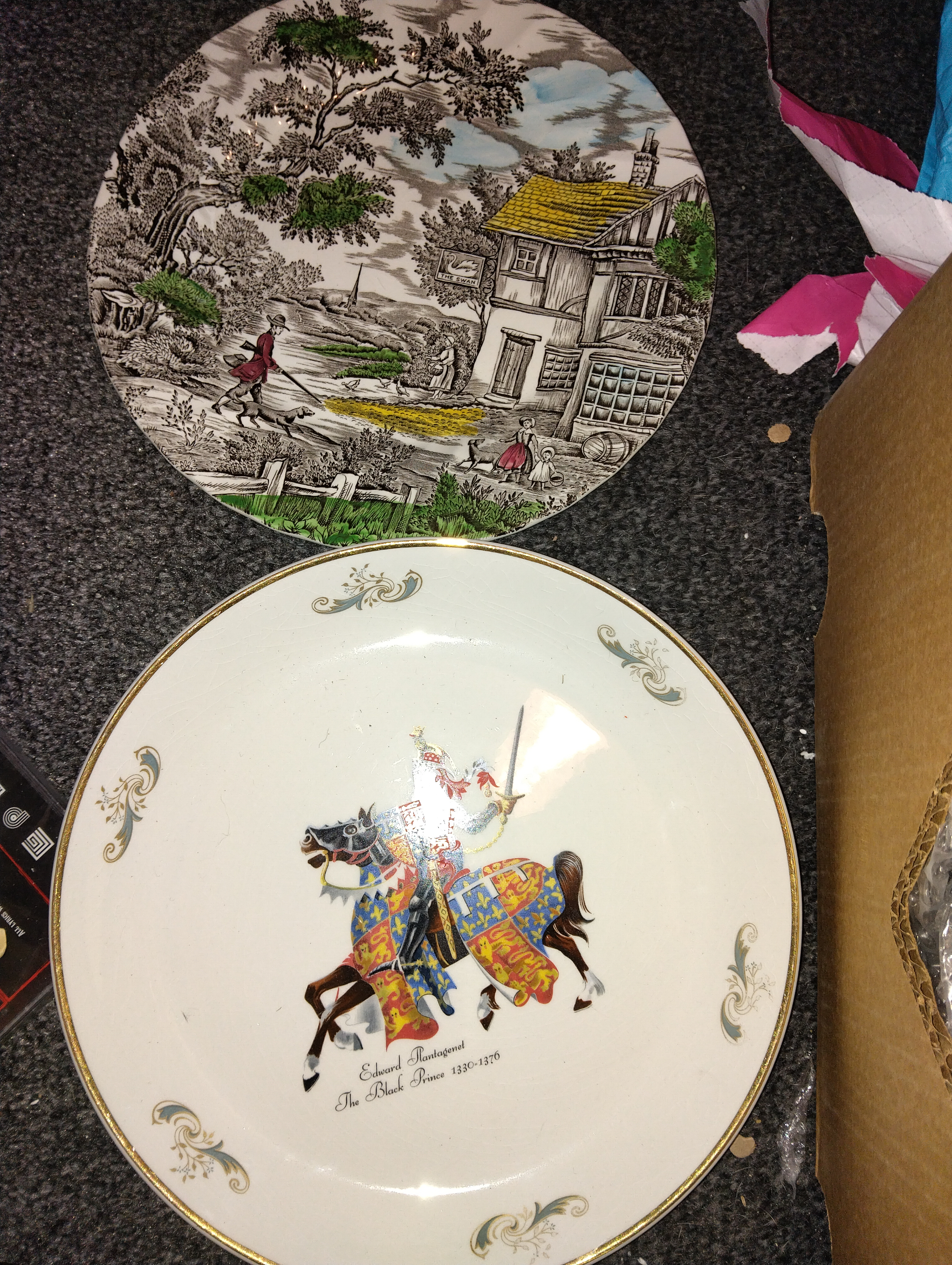 Two English Decorative Ceramic Wall Plates Including a Barker Bros Ltd Heraldic Plate