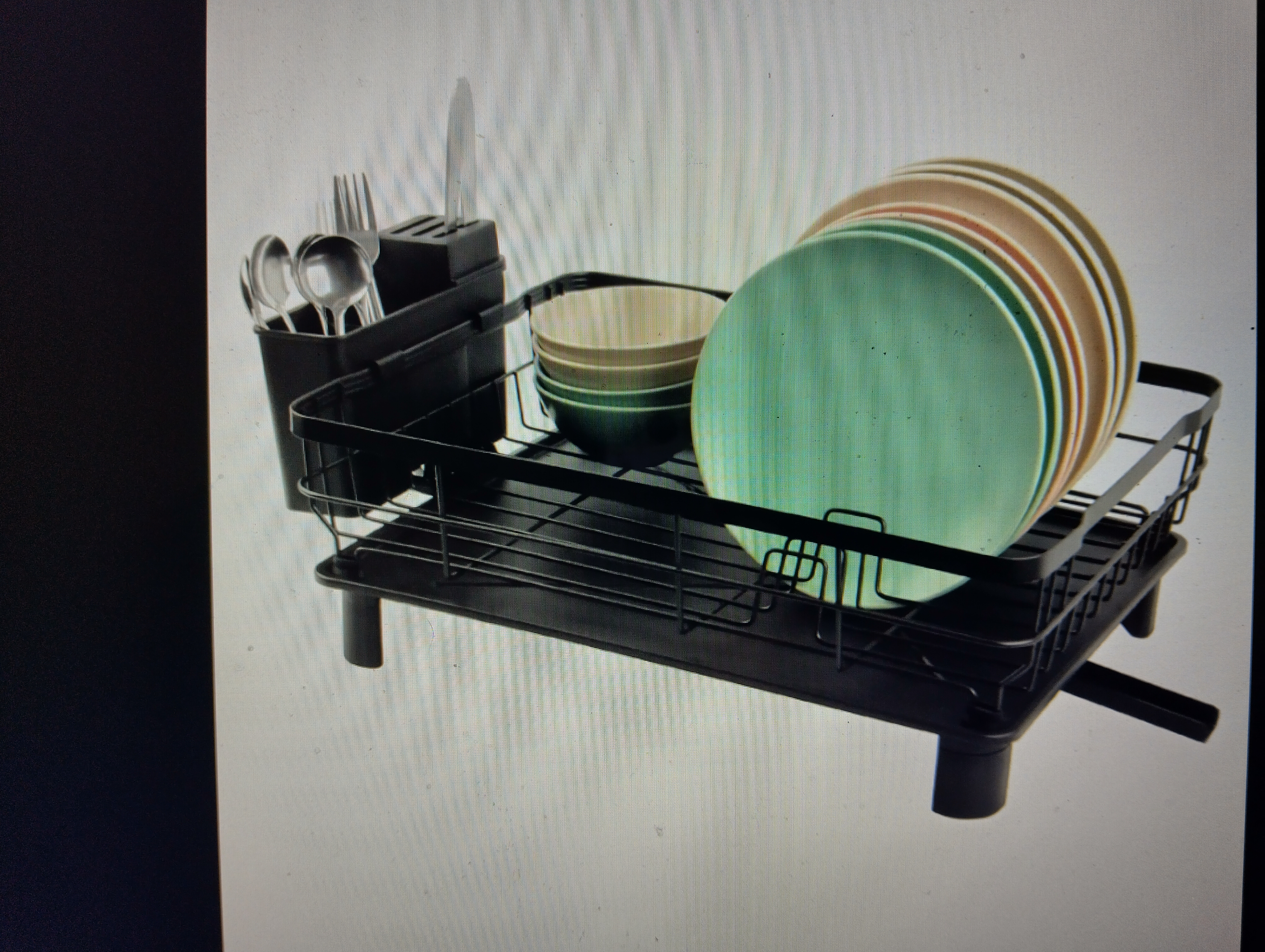 A NEW BOXED contemporary black-finished metal dish drying rack with drainboard and utensil caddy