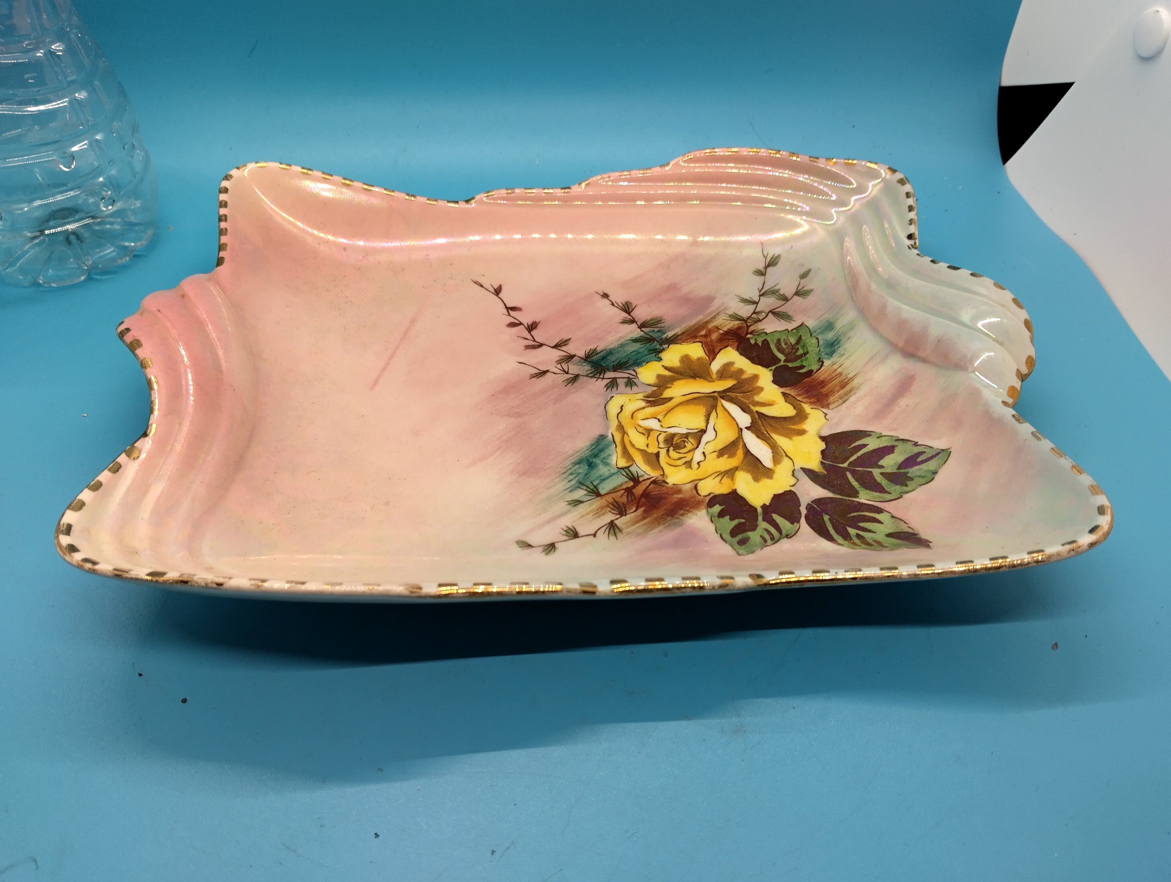 Royal Winton Grimwades Pink Lustre Rectangular Dish with Yellow Rose Decoration