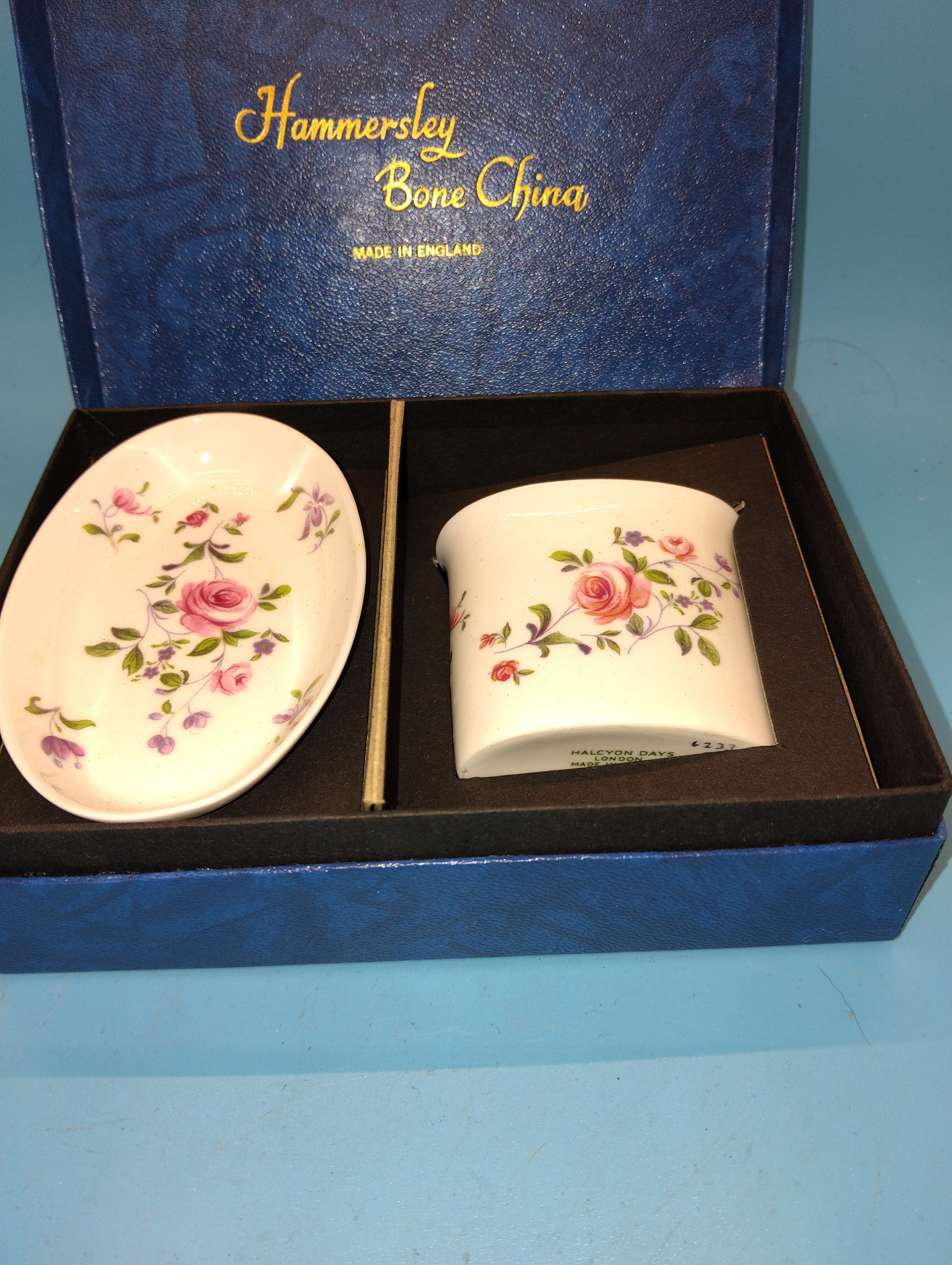 Two Pieces of English Bone China Comprising an Oval Tray and a Crescent Container in a Fitted Case