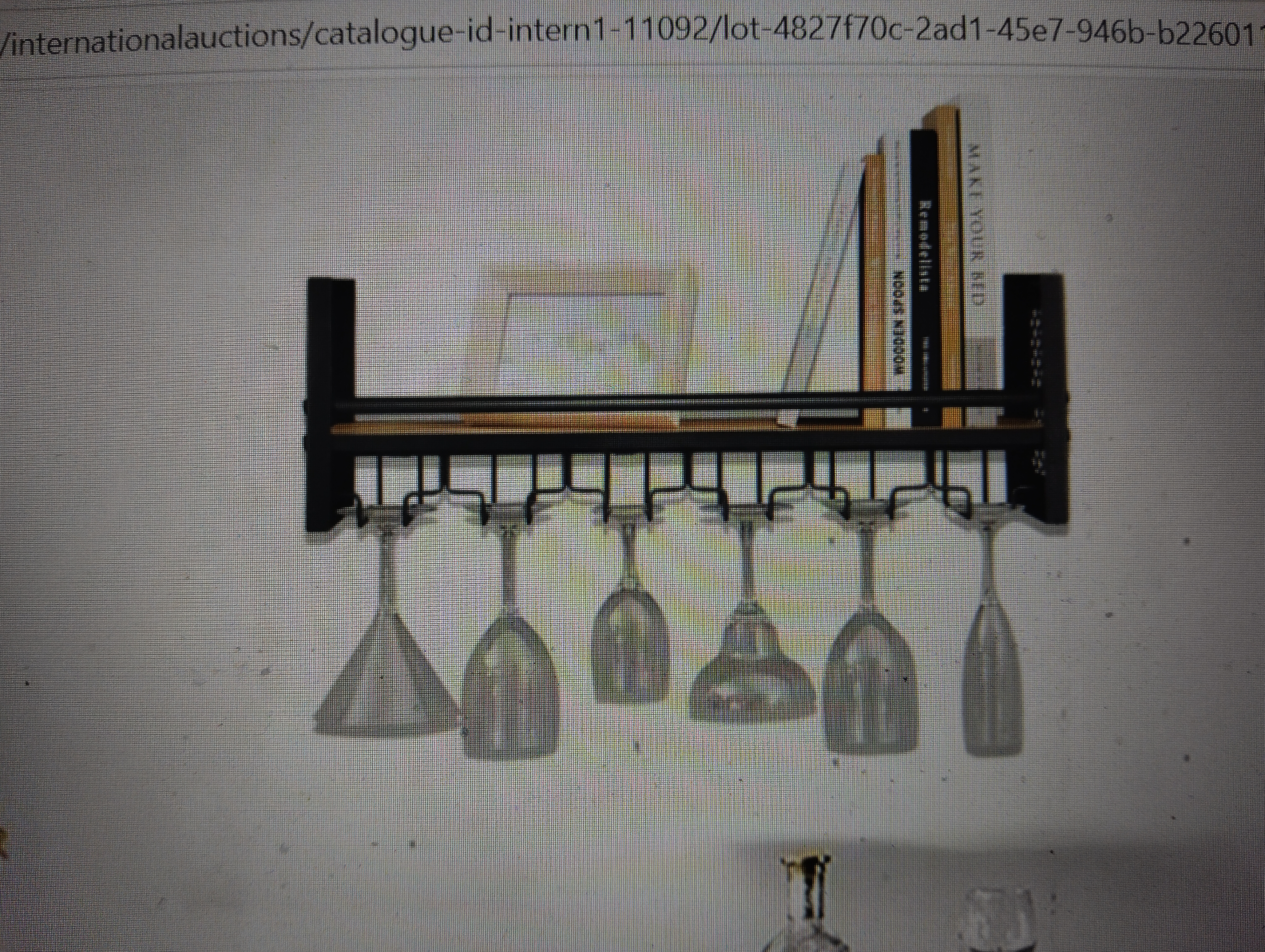 A NEW BOXED contemporary industrial-style metal and wood wall-mounted wine and stemware rack