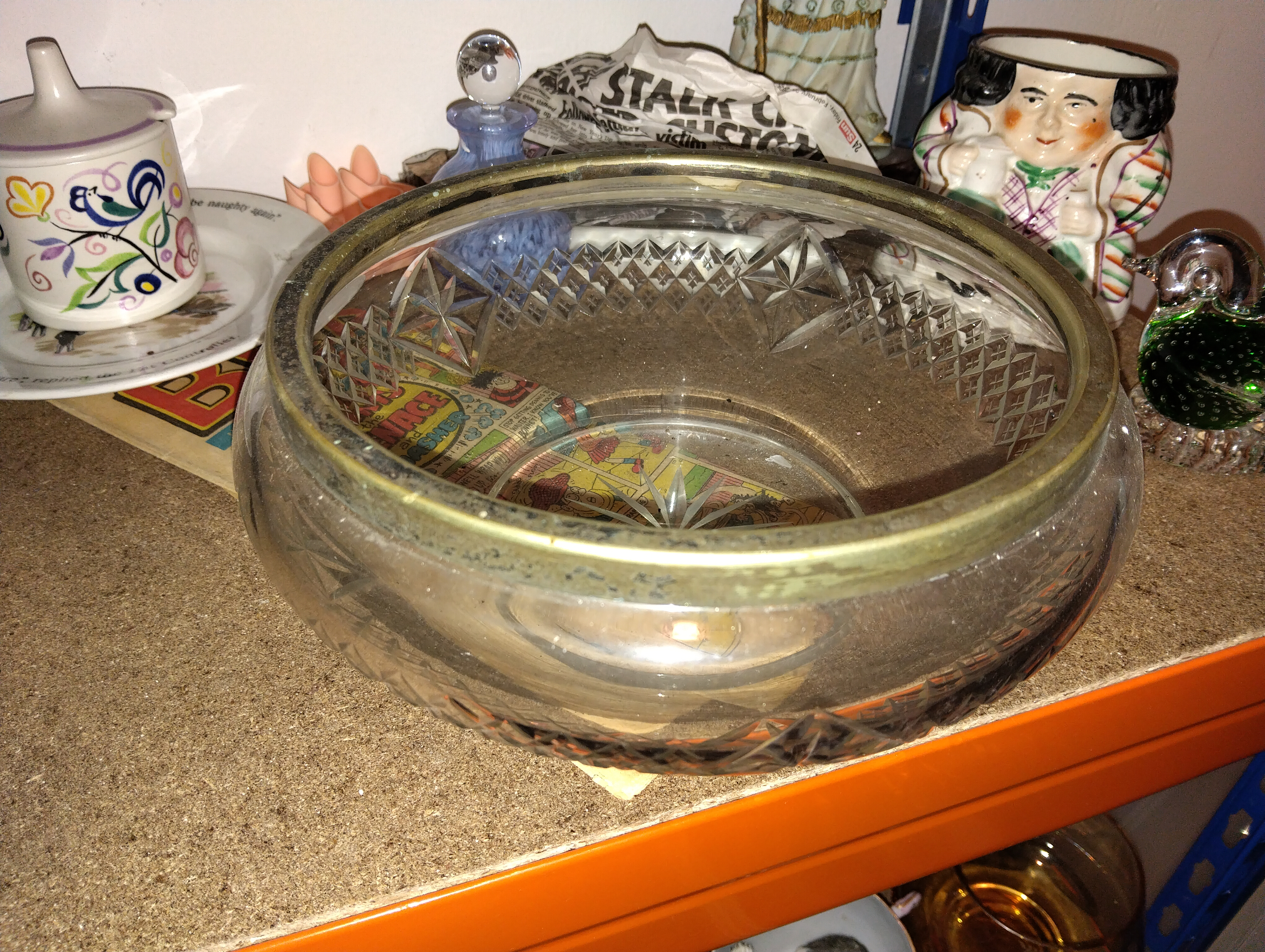 An Decorative Glassware including a Silver-Plated Mounted Cut Glass Bowl