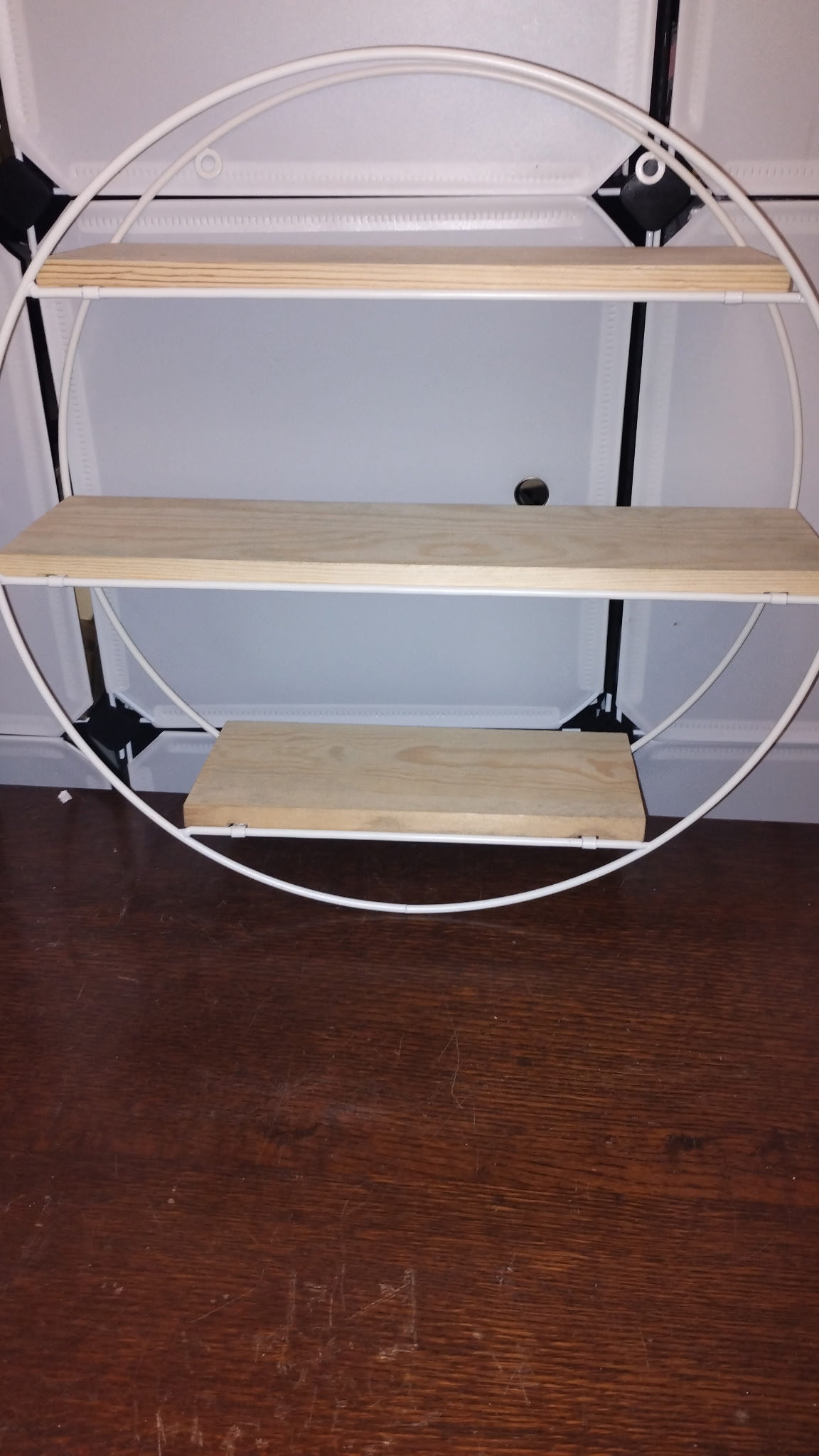Modern Circular Three-Tier White-Painted Metal and Wood Wall Shelf