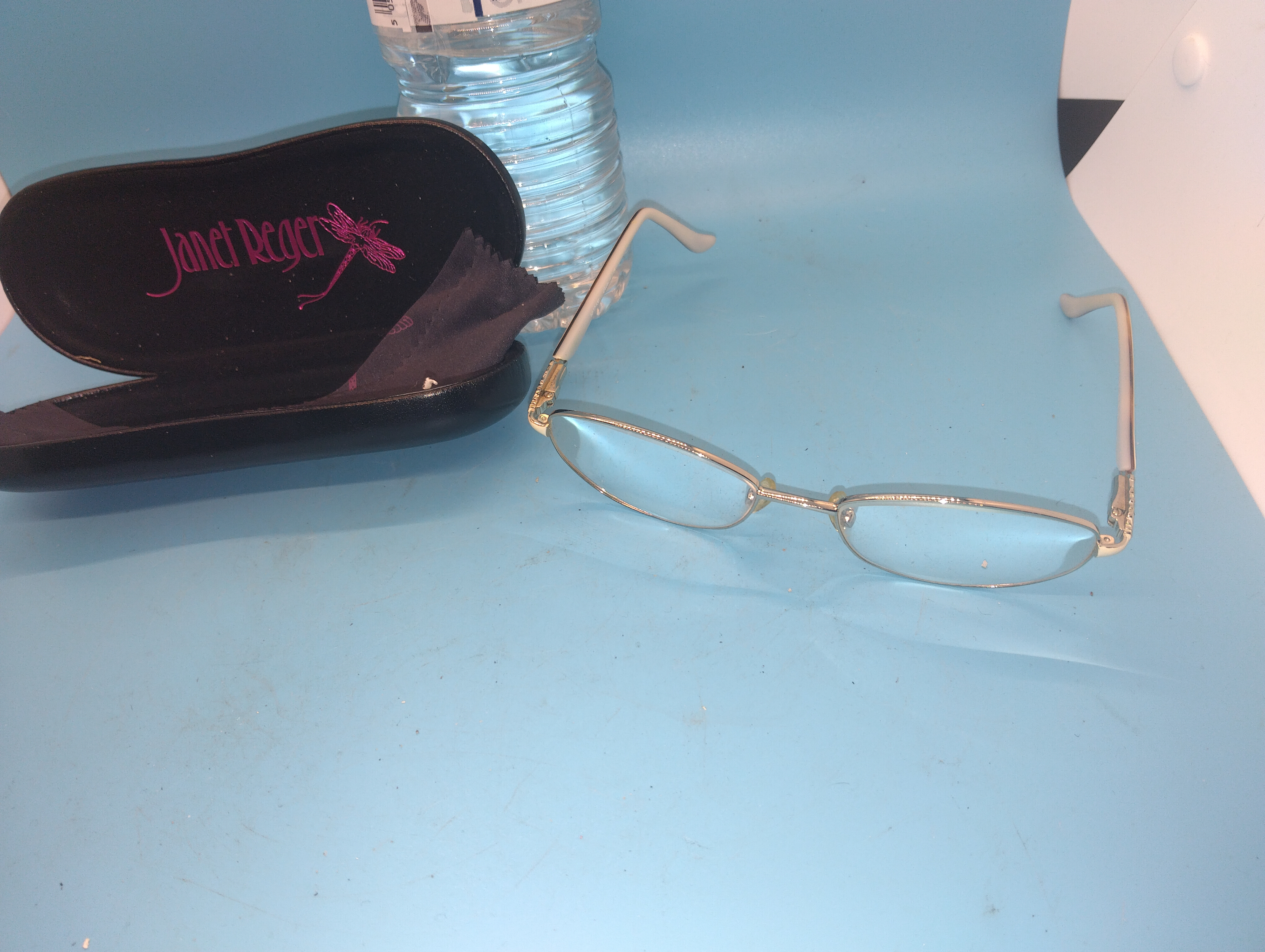 A Pair of Janet Reger Gold-Toned Metal and Acetate Eyeglass Frames with Case