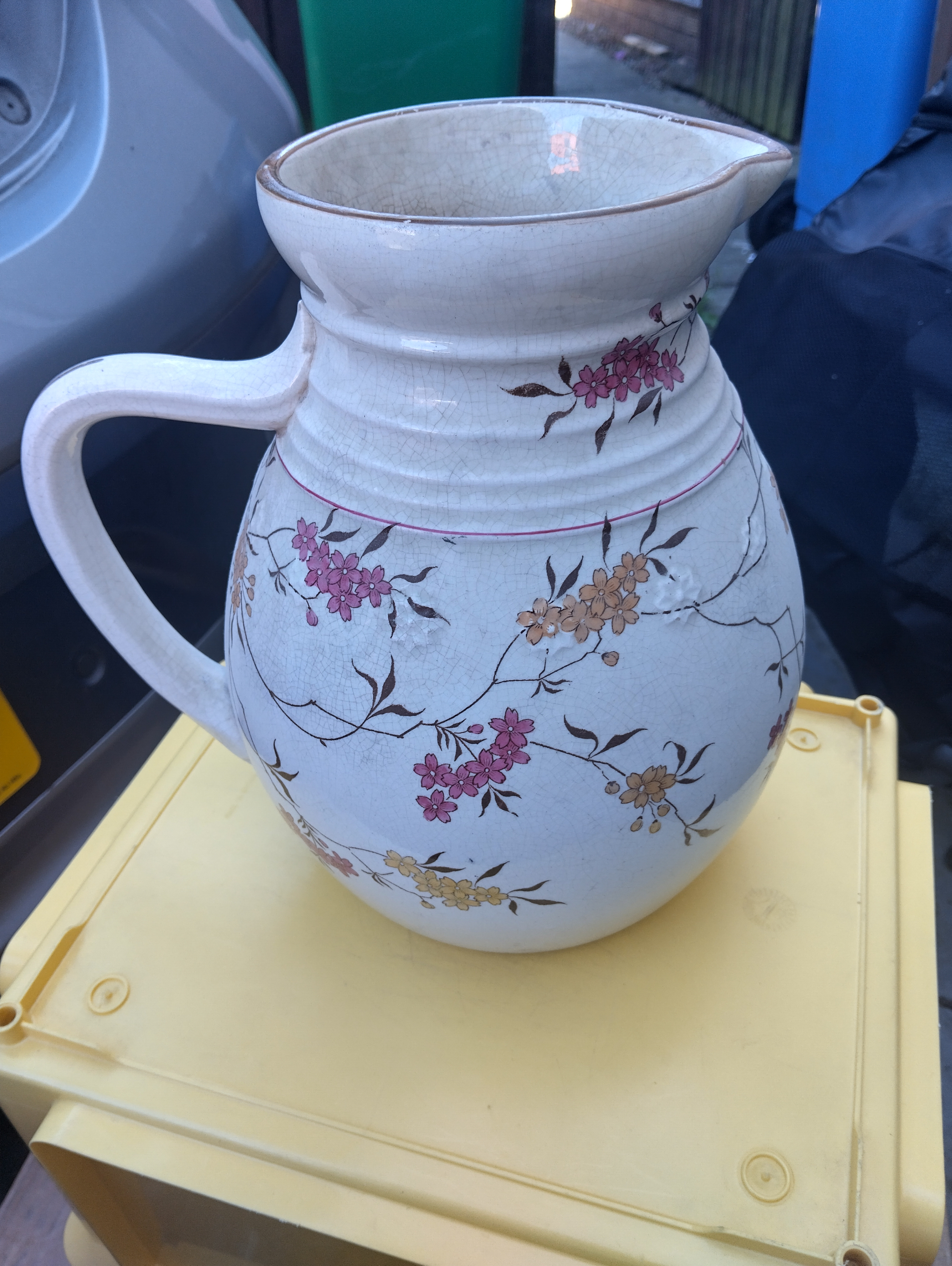 VERY NICE RARE PINDER, BOURNE & CO BURSLEM EARTHENWARE PITCHER CIRC 1862-1882 CHERRY BLOSSOM PATTERN,