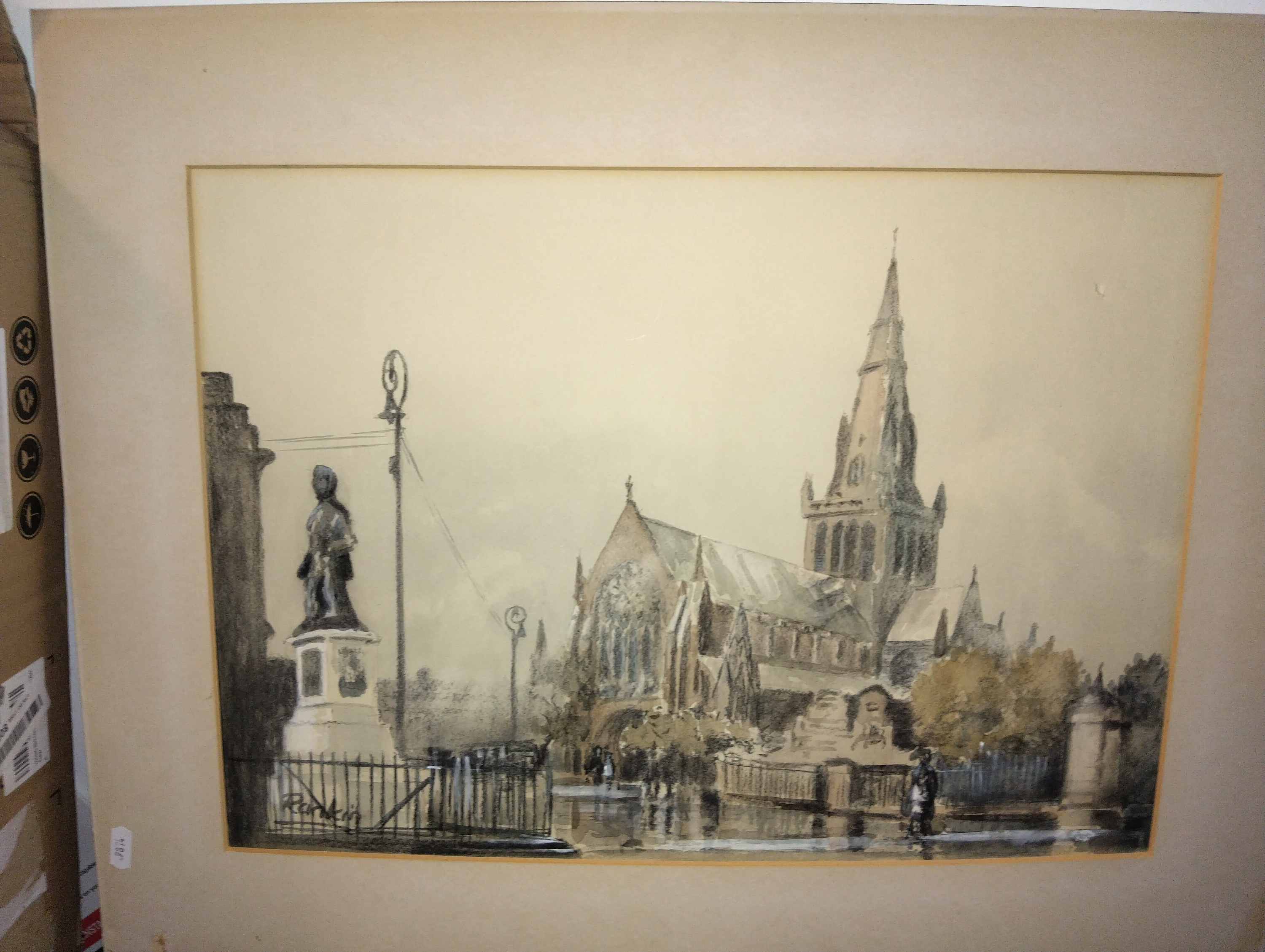 VERY NICE Mounted Watercolour - Glasgow Cathedral, Signed Rankin, approx 50 x 36cm
