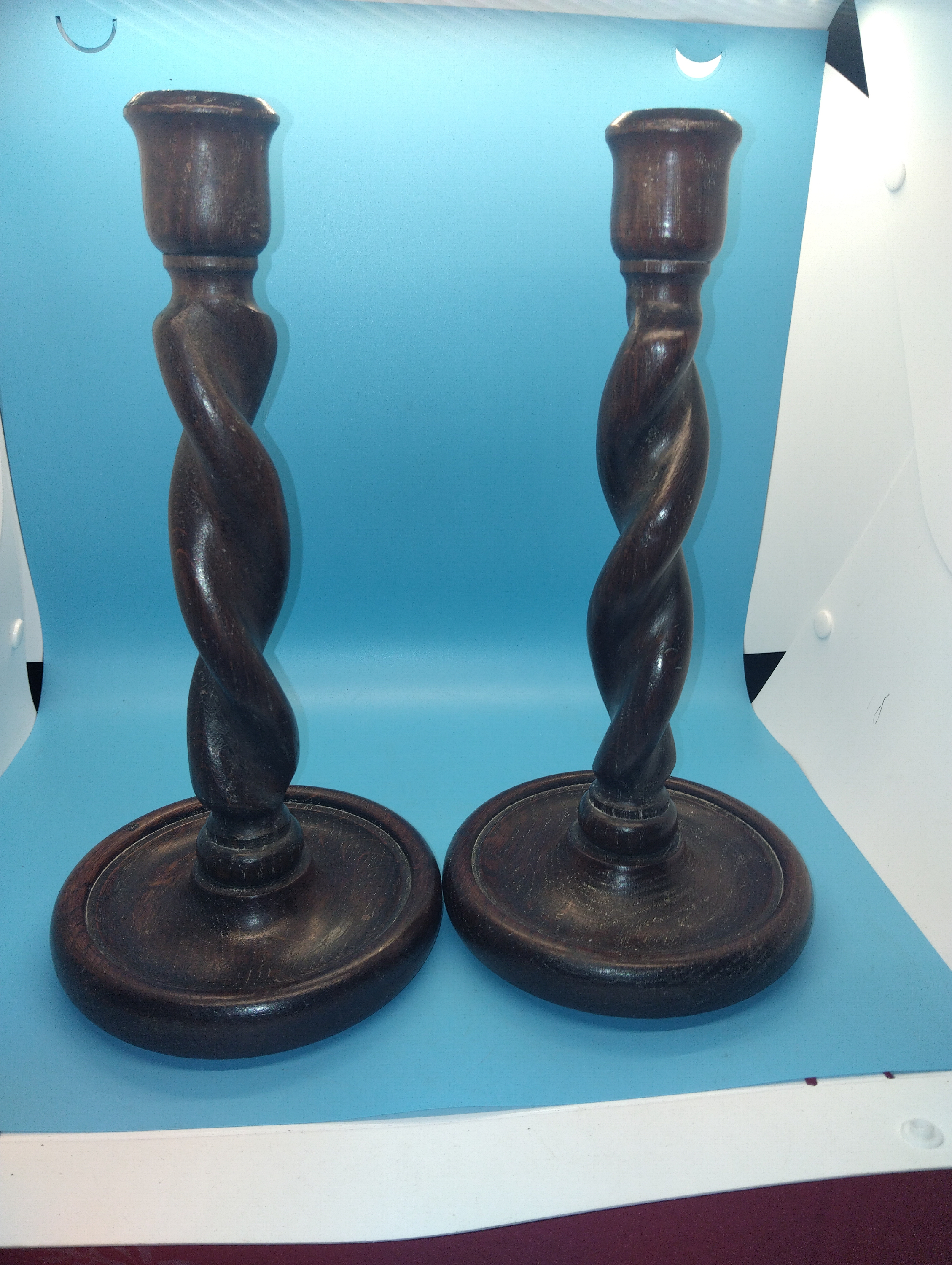 NICE PAIR OF WOODEN TWIST CANDLESTICKS