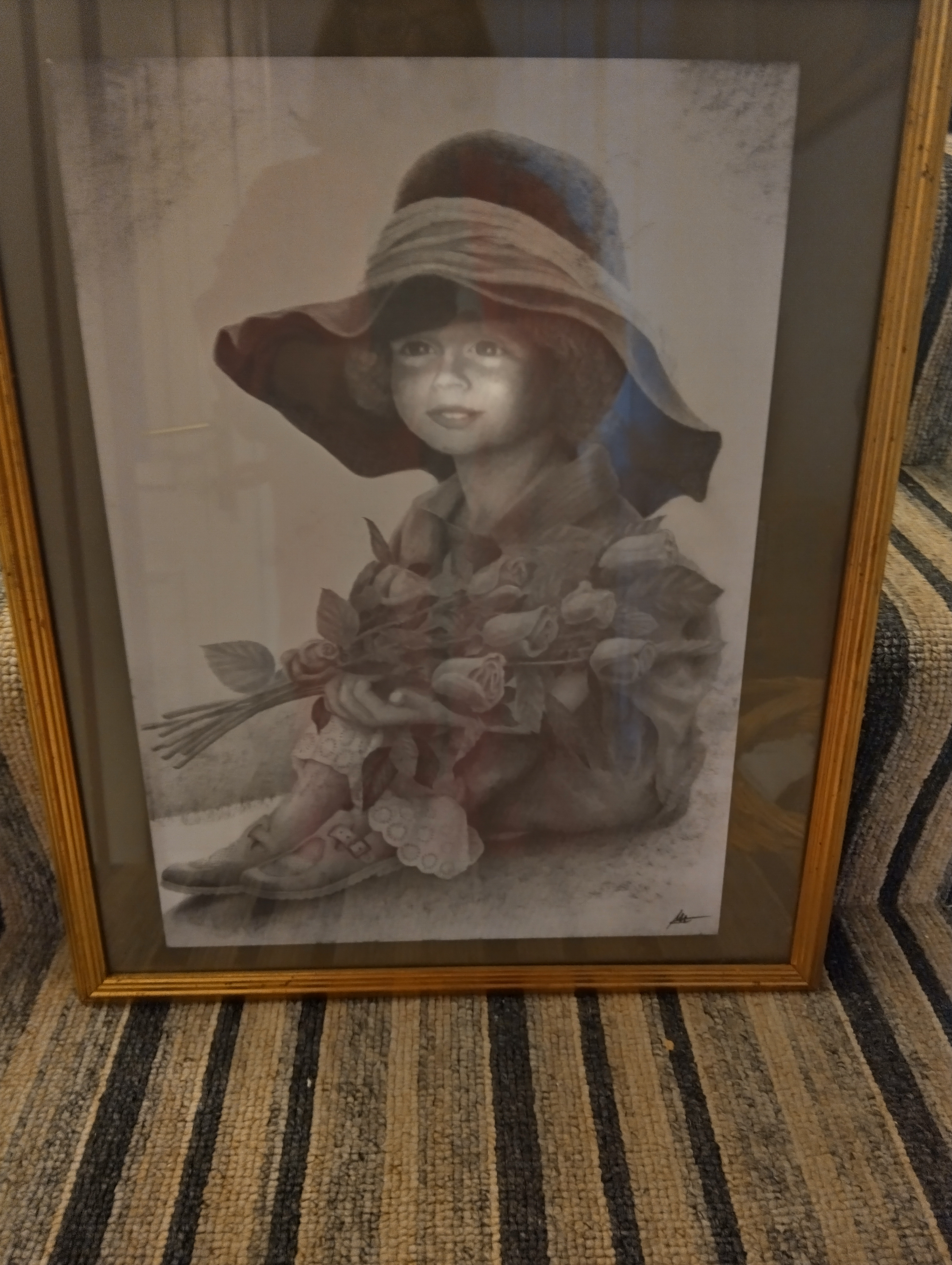 NICE FRAMED PEINT OF GIRL WITH FLOWERS