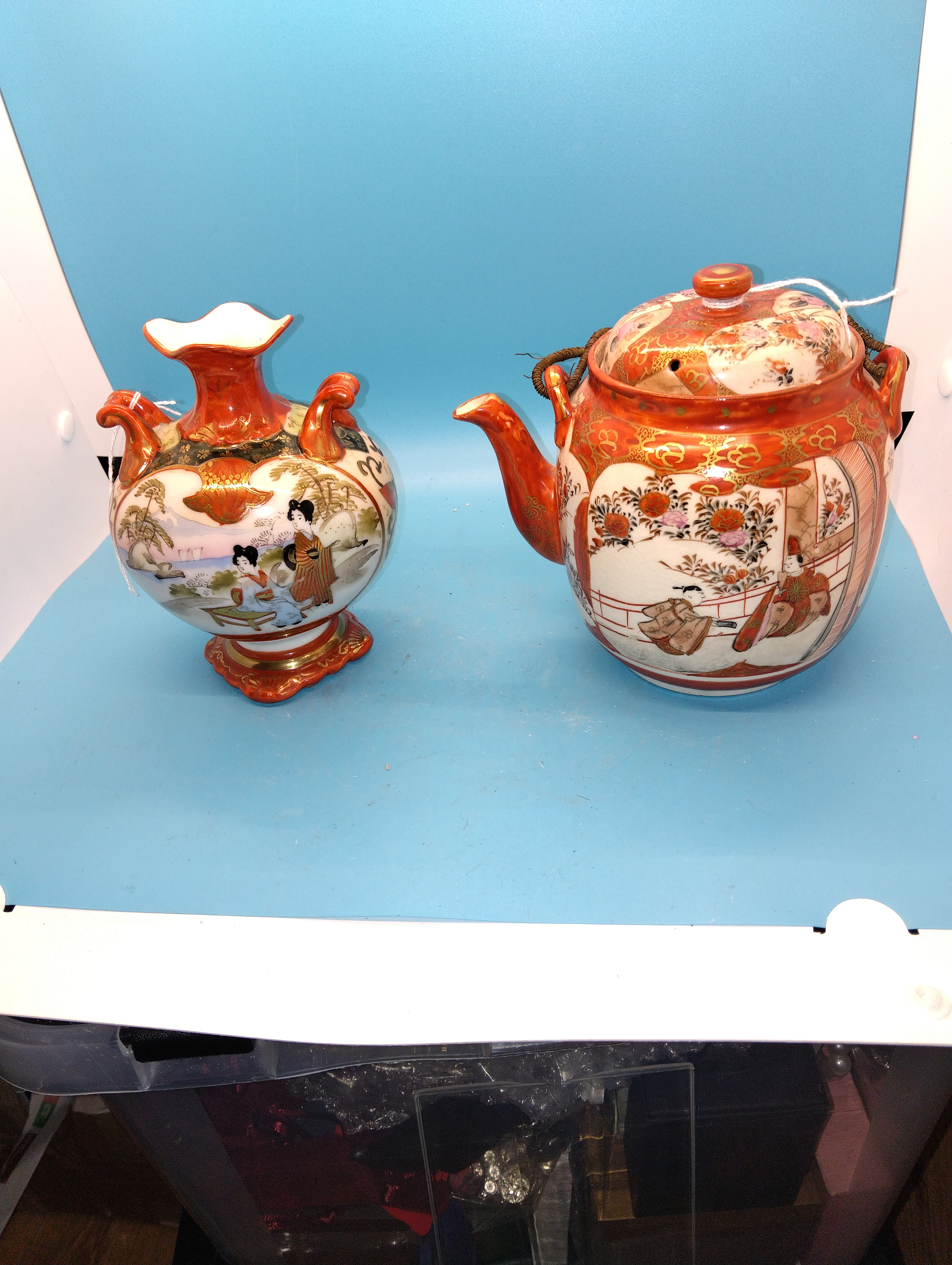 ORIENTAL TEA POT AND TWO HANDLED VASE Hairline to one base