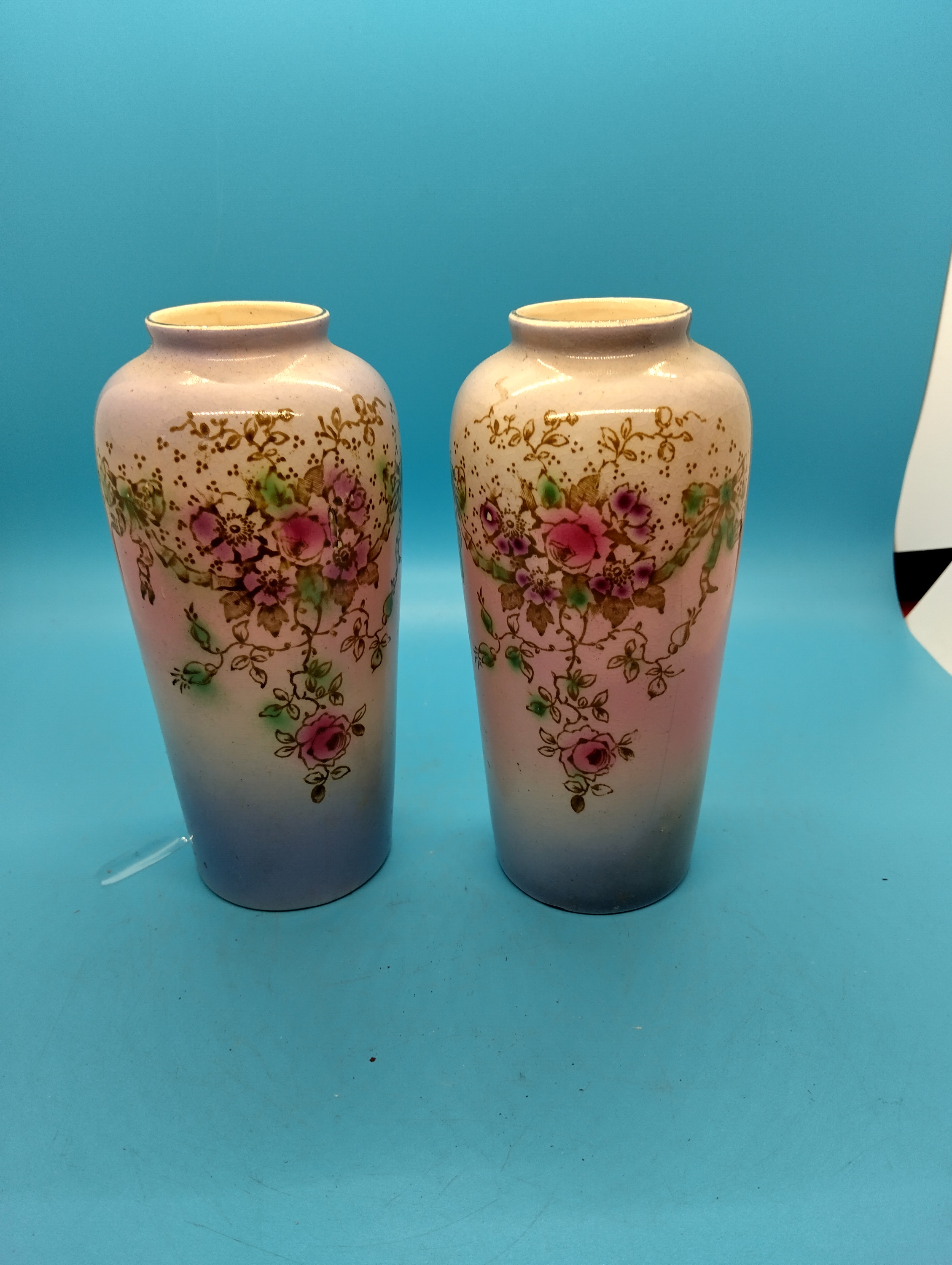 NICE VINTAGE PAIR OF TRANSFER PRINTED VASES
