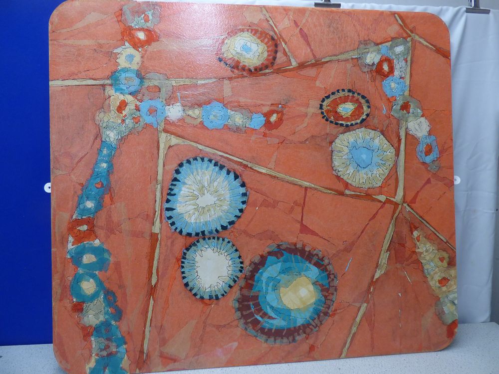 Lot 165: A Rectangular Abstract Decoupage Artwork in Reddish-Orange and Blue by Internationally Exhibited Carole Andrews