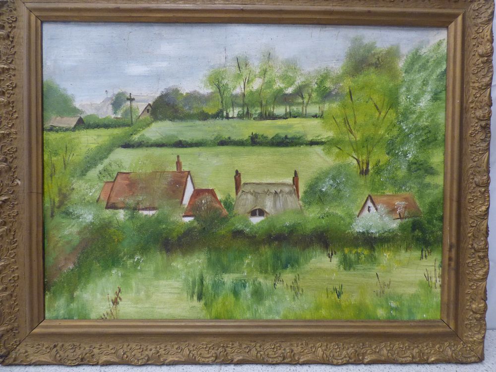 Lot 170: Framed Oil Painting of a Rural Landscape with Cottages