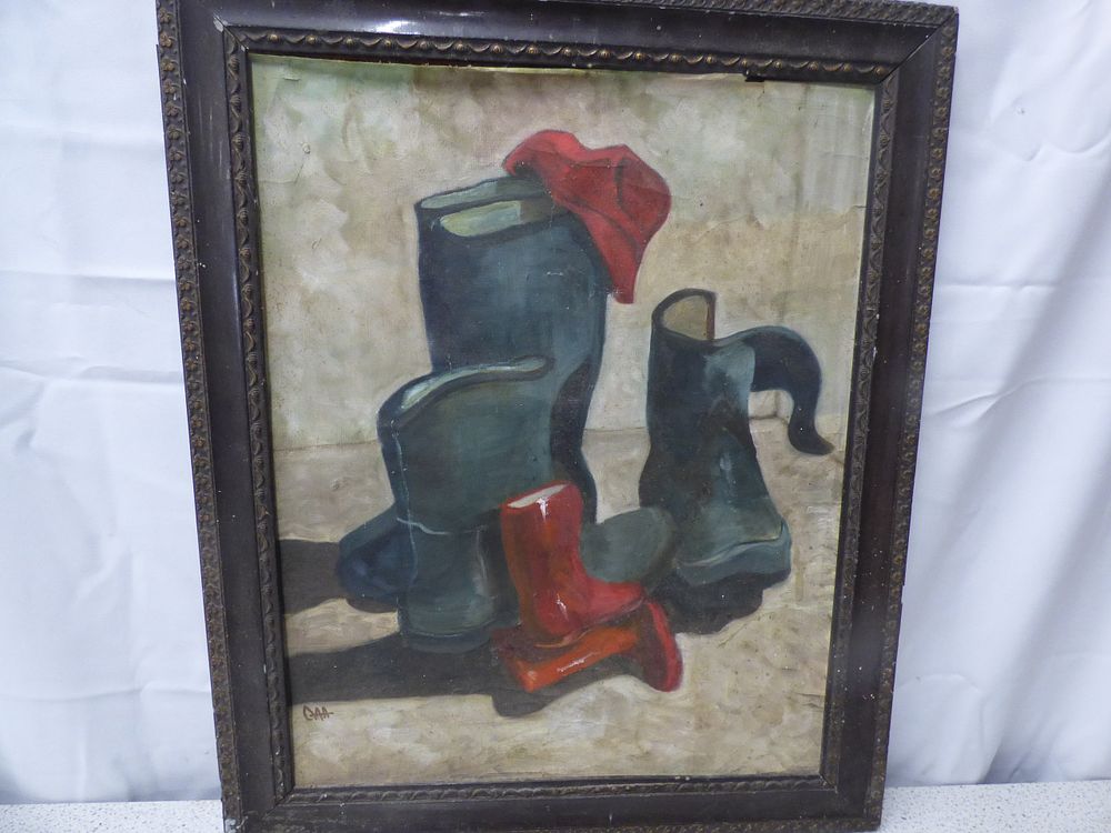 Lot 171: Framed Oil Painting of Boots and Hat by Carole Andrews