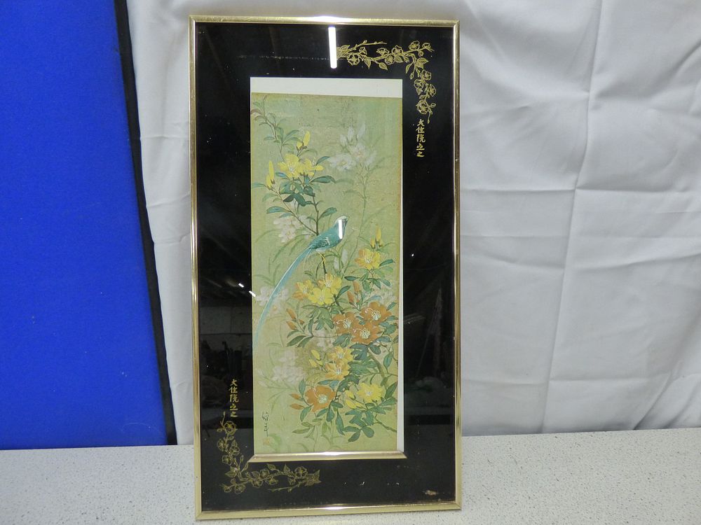 Lot 182: Framed Oriental Artwork with Blue Bird and Flowers