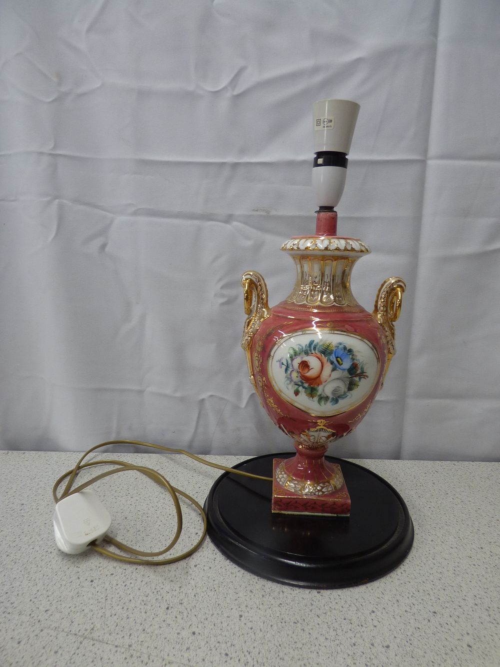 Lot 222: Reddish-Pink Gilt Porcelain Table Lamp with Hand-Painted Scenes