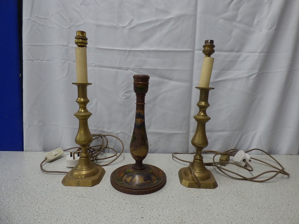 Lot 224: 2x Converted Candlestick Lamps, 1 x Candlestick