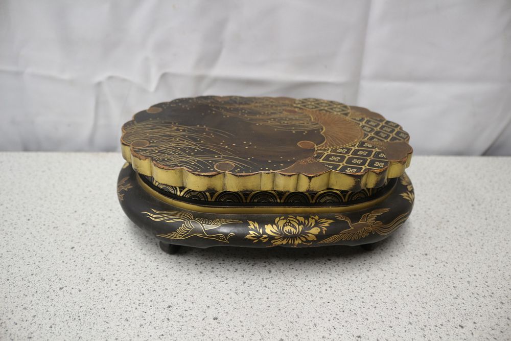 Lot 240: Ornate Dark Brown and Gold Lacquered Wood Decorative Stand