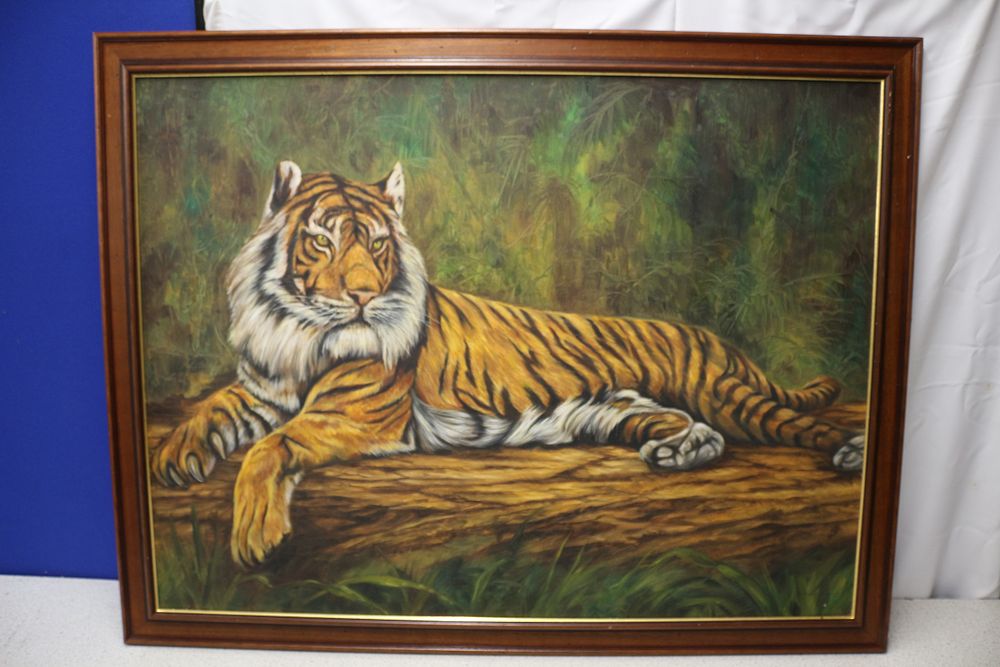 Lot 228: A Framed Oil Painting of a Lounging Tiger