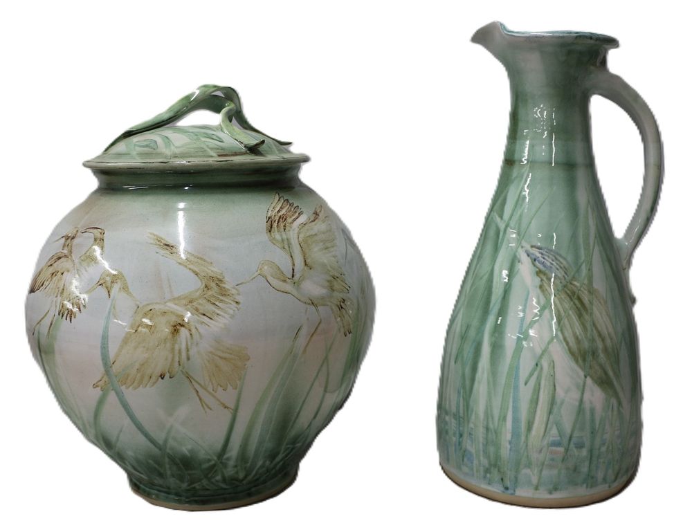 Lot 251: A Pair of Modern Studio Pottery Glazed Ceramic Jar and Pitcher, with Wading Bird Decoration