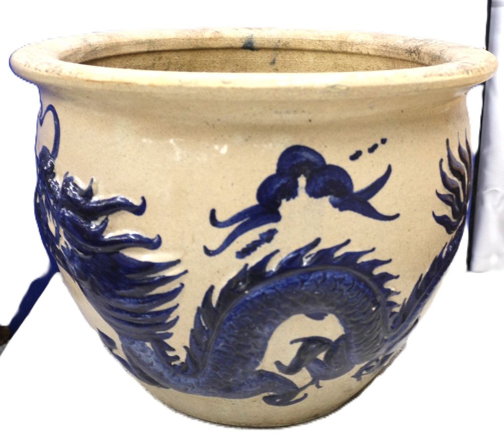 Lot 278: A Large Blue and White Dragon-Decorated Ceramic Fishbowl Planter, in the Ming Style