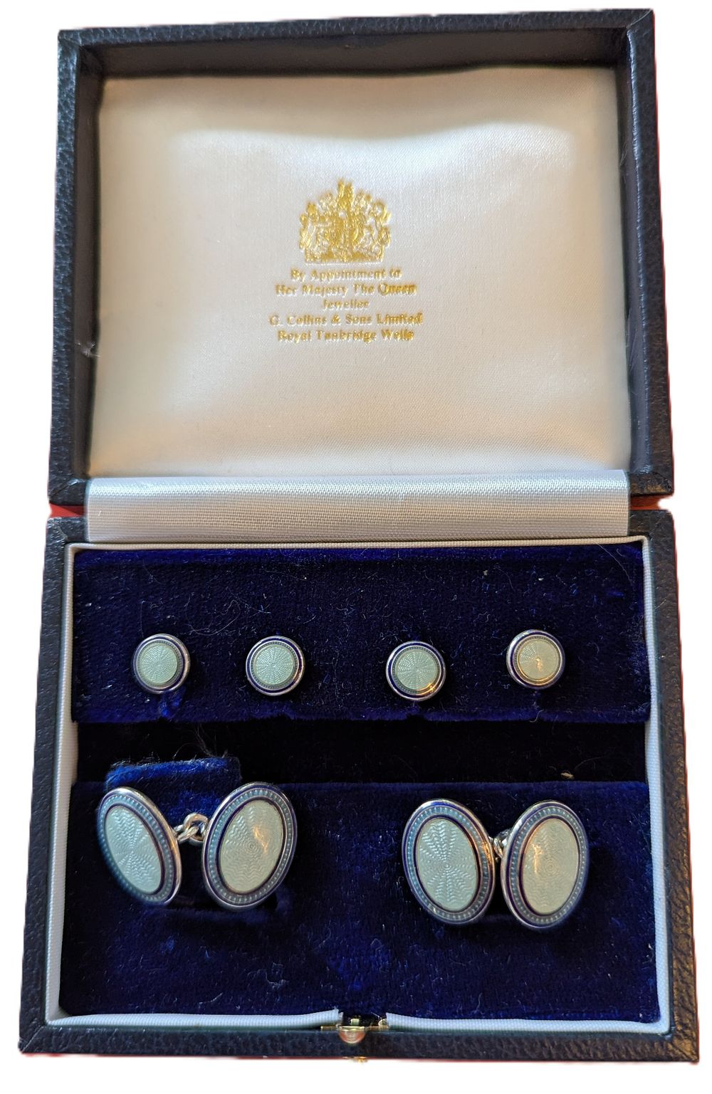 Lot 316: A Vintage Set of Deakin & Francis Luxury 925 Silver Hallmarked and Guilloche Enamel Dress Set with Royal Warrant, Post-1952