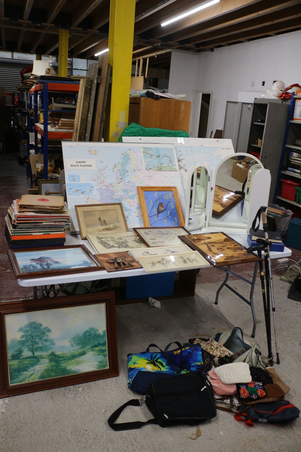Lot 158: Mixed Lot inc 2x Maps, Dressing Table Mirror, Pictures, Bags and more