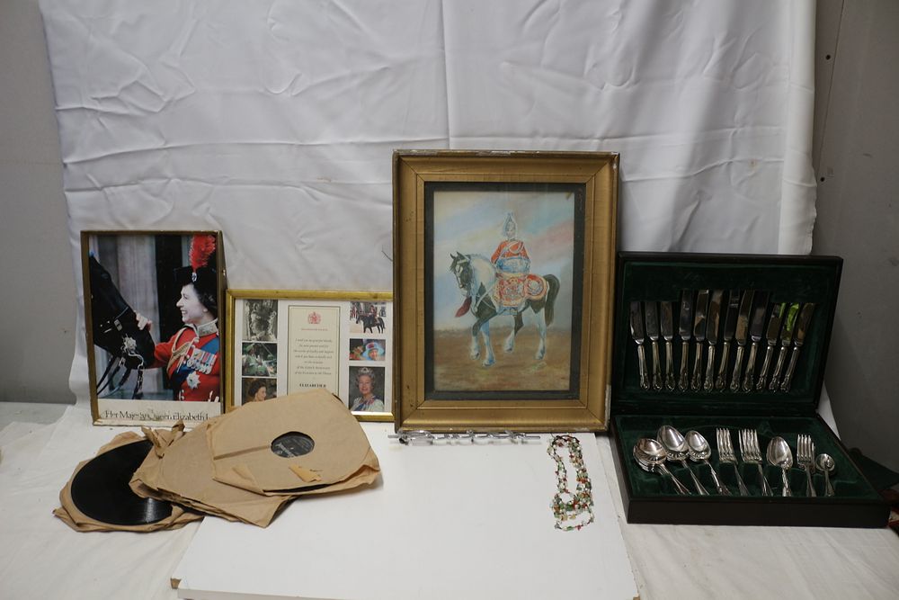 Lot 159: Mixed Lot inc Canteen of Cutlery (Not complete) Buick Car Badge, Vintage Records and Royal Mixed Media