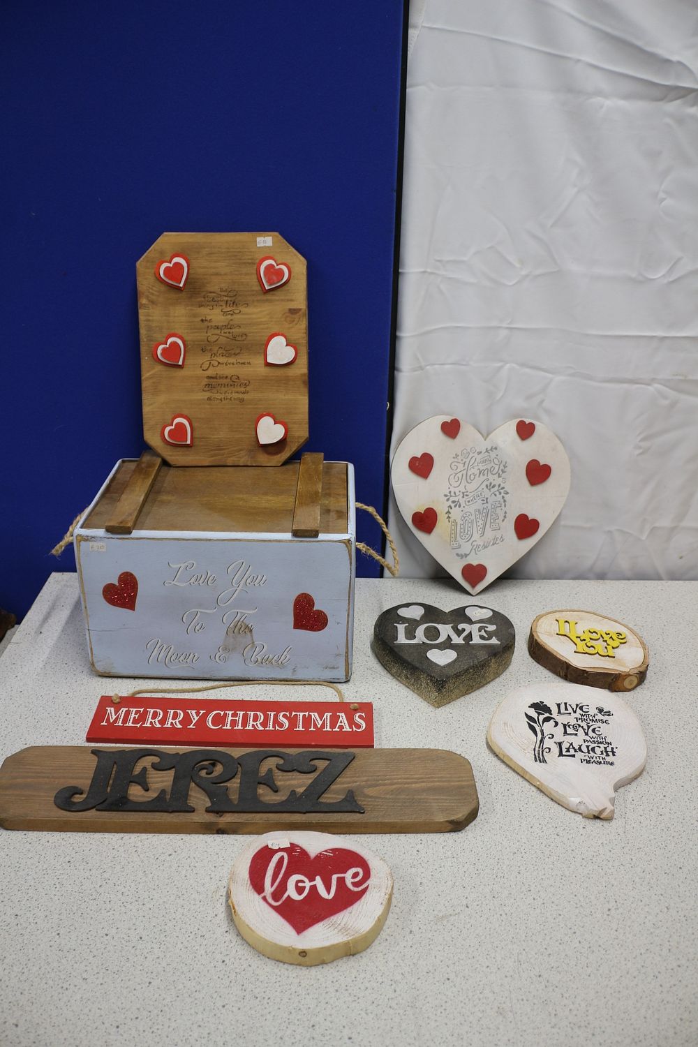 Lot 186: White Wooden Storage Box with Wooden Signs