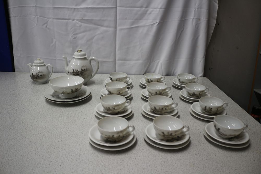 Lot 212: A 39-Piece White and Grey/Brown Porcelain Tea/Dinnerware Set