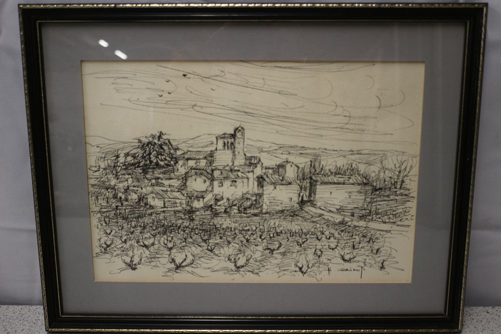 Lot 222: A Framed Pen and Ink Drawing of a Village Scene