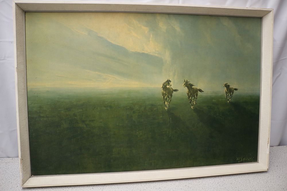 Lot 224: Framed Print Depicting Three Horses Running by Mario Bordi