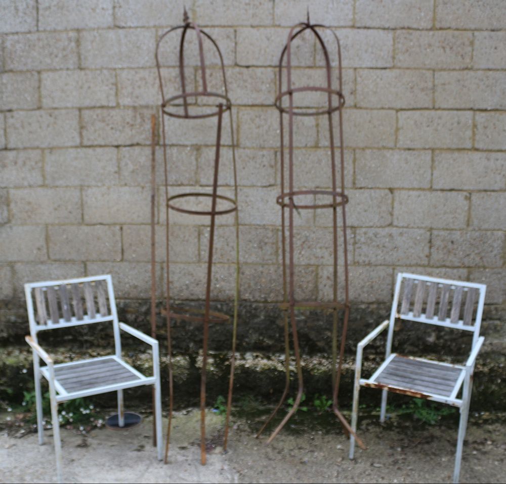 Lot 250: A Pair of Outdoor Chairs and Garden Vintage Cast Iron Obelisks