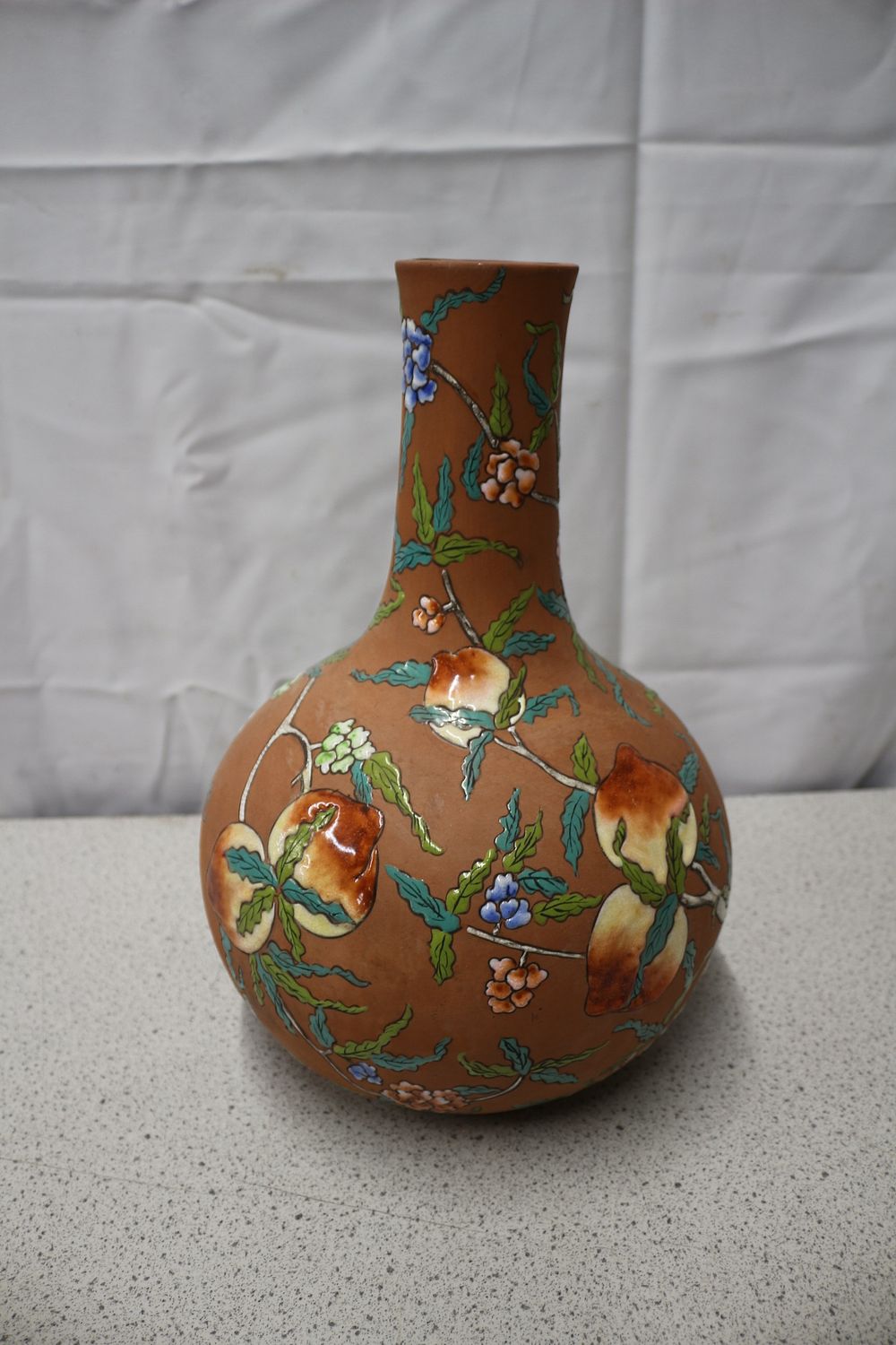 Lot 346: A Terracotta Yixing Vase with Enamel Fruit and Blossom Decoration, East Asian Aesthetic