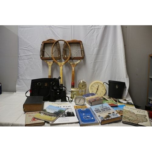 Lot 280: Mixed Lots inc A Collection of Vintage Wooden Tennis Rackets, Clocks and Books