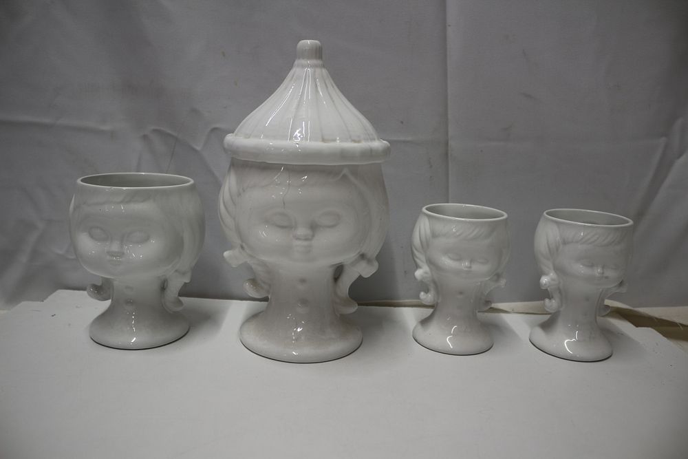 Lot 293: Elpa Alcobaca John Buck Ceramic Girls Head Jar and Cups
