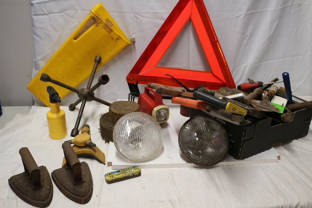 Lot 306: Mixed Lot of Tools, Car Parts inc Lucas Head Lamp