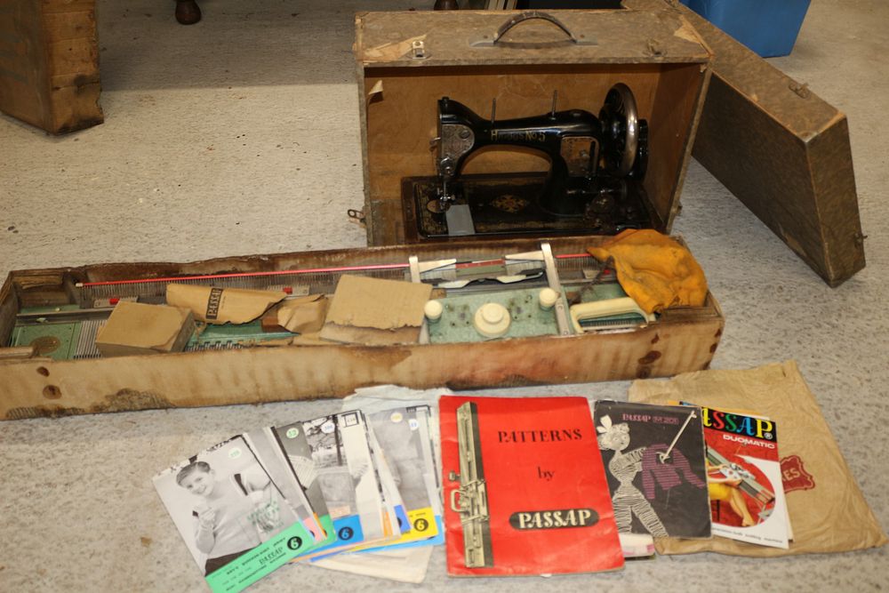 Lot 308: Harris Sewing Machine, Knitting Machine, and Pattern Booklets