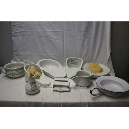 Lot 321: A Collection of Vintage Enamel and Ceramic Slipper Bed Pans and Inhaler
