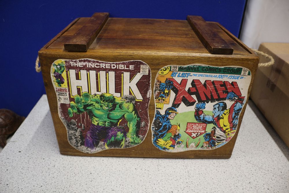 Lot 359: Brown Wooden Crate with Vintage Marvel Comic Book Covers