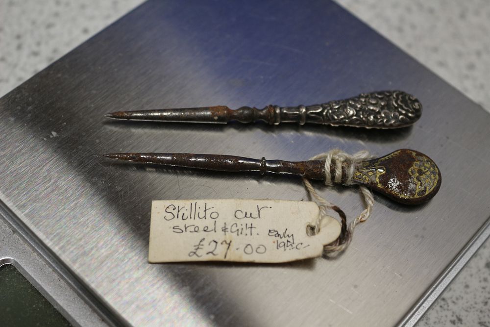 Lot 373: A Pair of Early Steel and Gilt Sewing Tools