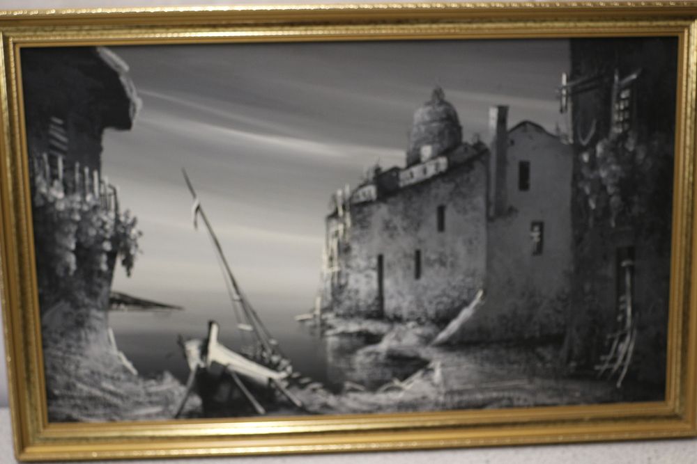 Lot 387: Framed Monochrome Seascape Painting with Buildings and Boat